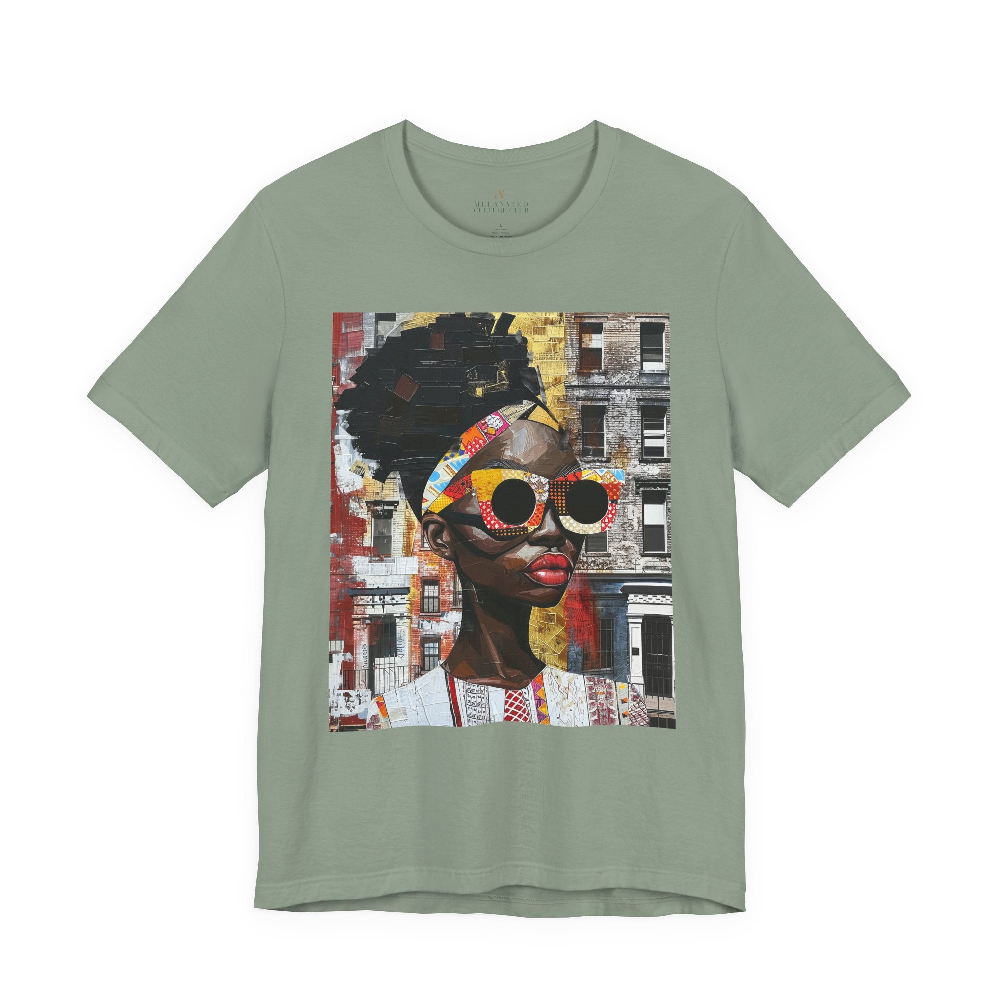 Best Seller Boss Babe graphic tee featuring an abstract cartoon-style Black woman, Lakendra with large round pop-art style sunglasses. The design has a vibrant, graffiti-inspired aesthetic that celebrates African American beauty, confidence, and urban art style.