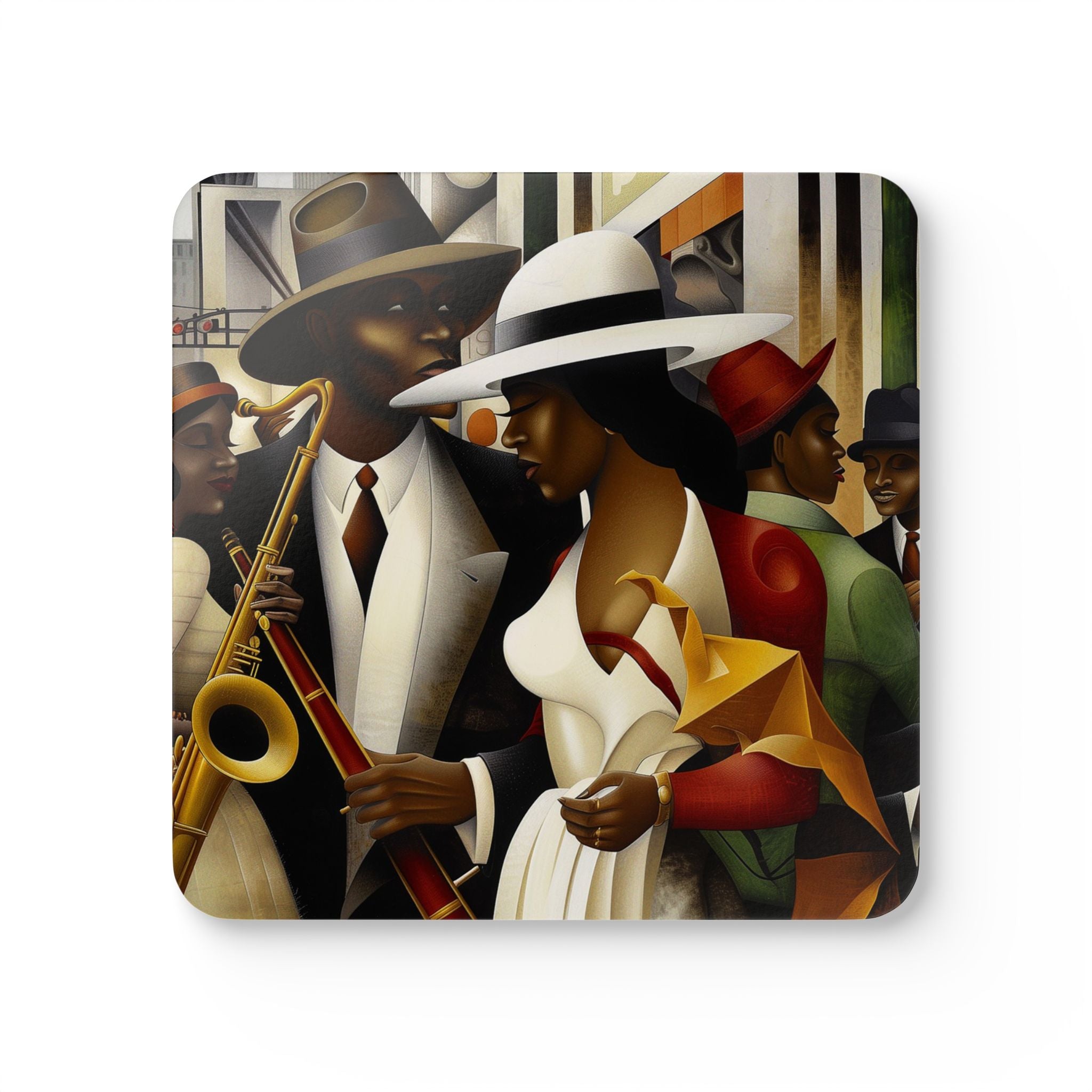 Harlem Renaissance Drink Coasters featuring African American jazz musicians in a retro Afro Bohemian art style, perfect for cultural barware or home decor