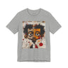 Abstract Afrocentric t-shirt featuring a split-face portrait of a Black man, half human and half robot, with expressive facial features and futuristic mechanical details in an Afrofuturism art style. Series 05