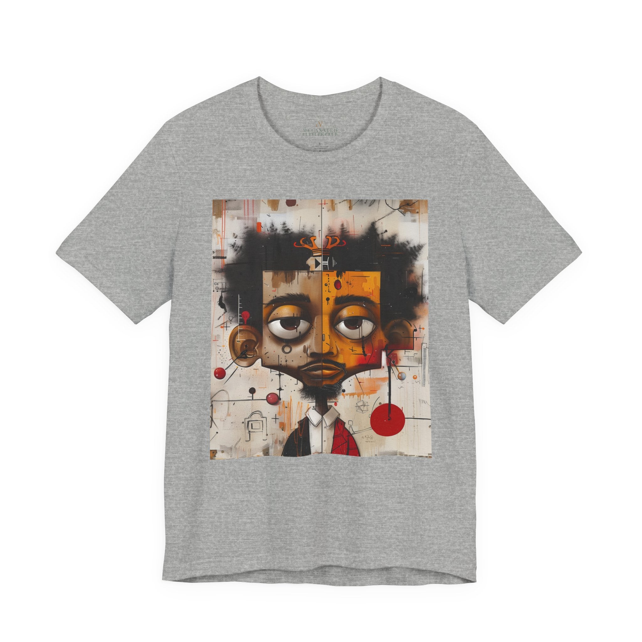 Abstract Afrocentric t-shirt featuring a split-face portrait of a Black man, half human and half robot, with expressive facial features and futuristic mechanical details in an Afrofuturism art style. Series 05