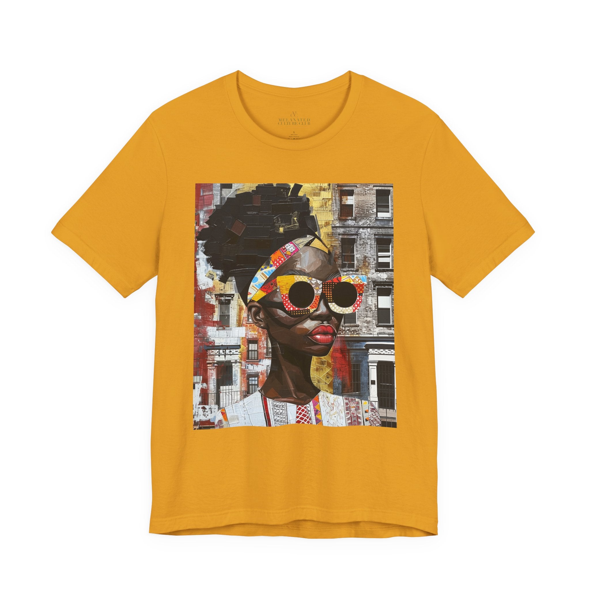 Best Seller Boss Babe graphic tee featuring an abstract cartoon-style Black woman, Lakendra with large round pop-art style sunglasses. The design has a vibrant, graffiti-inspired aesthetic that celebrates African American beauty, confidence, and urban art style.