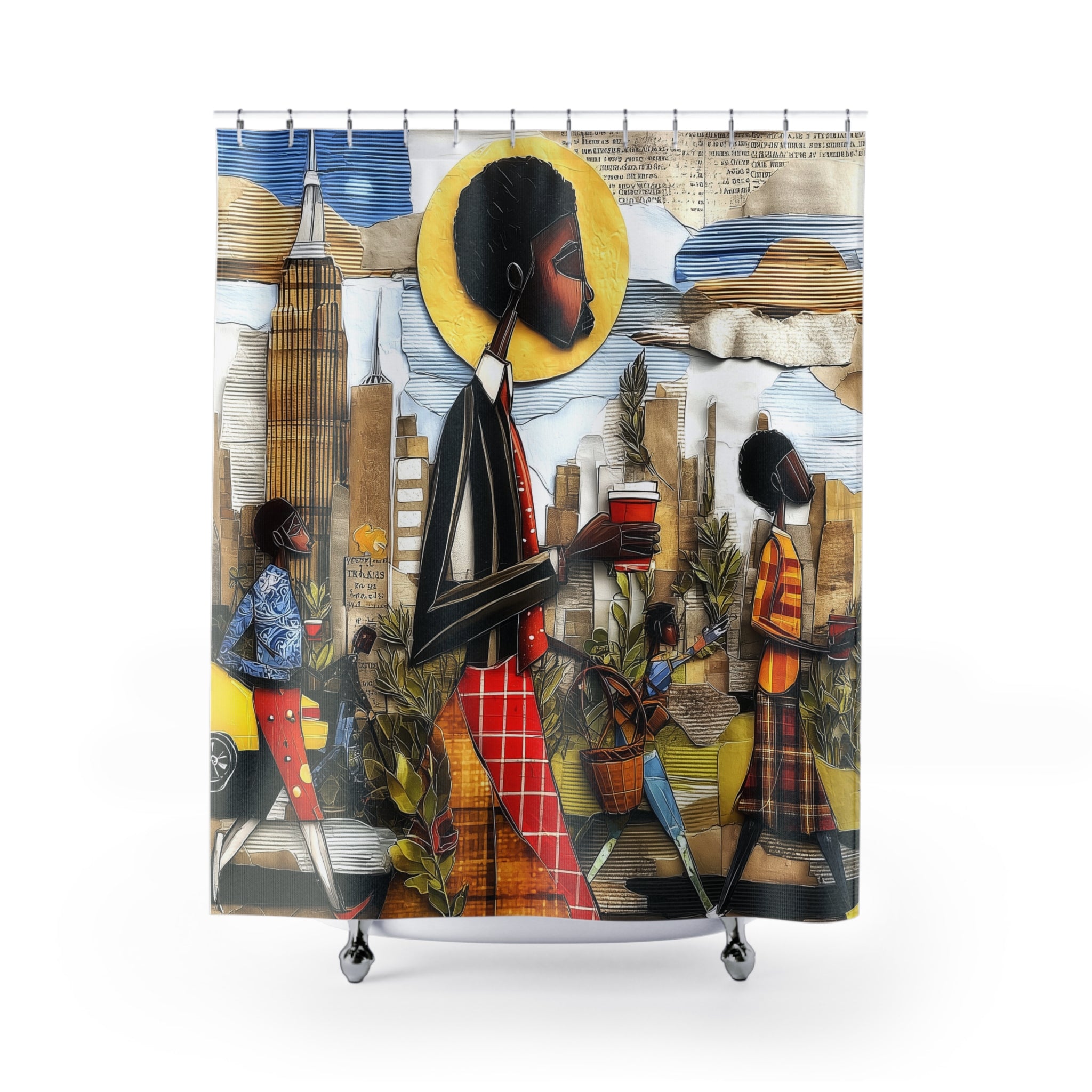 Afrocentric NYC shower curtain featuring Black professionals walking during Manhattan morning rush hour with coffee cups and plants in a modern abstract patchwork style.