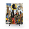 Afrocentric NYC shower curtain featuring Black professionals walking during Manhattan morning rush hour with coffee cups and plants in a modern abstract patchwork style.