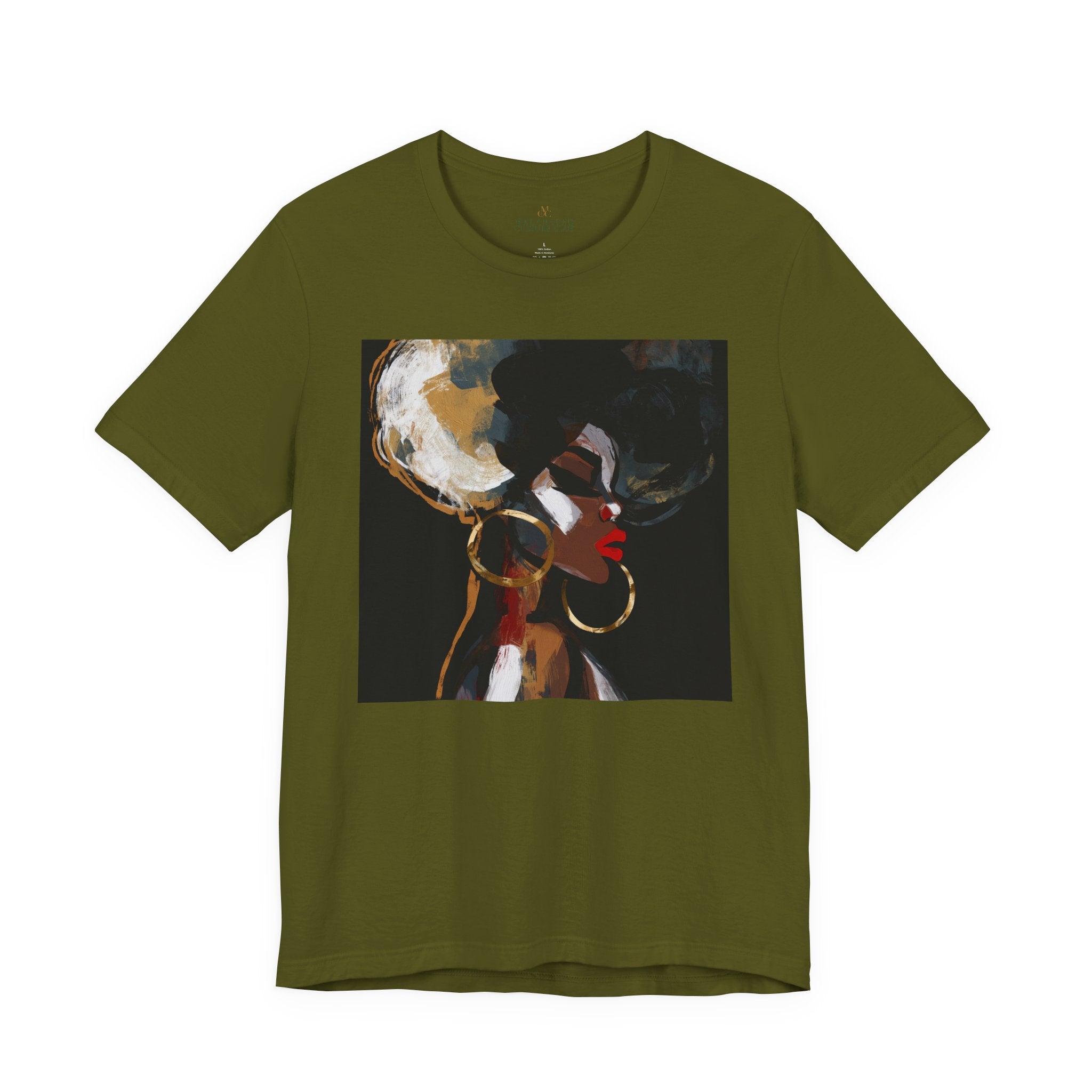An olive green short-sleeve crewneck t-shirt featuring a square graphic print of an artistic portrait of a Black woman with large gold hoop earrings, red lipstick, and dark hair against a black background.