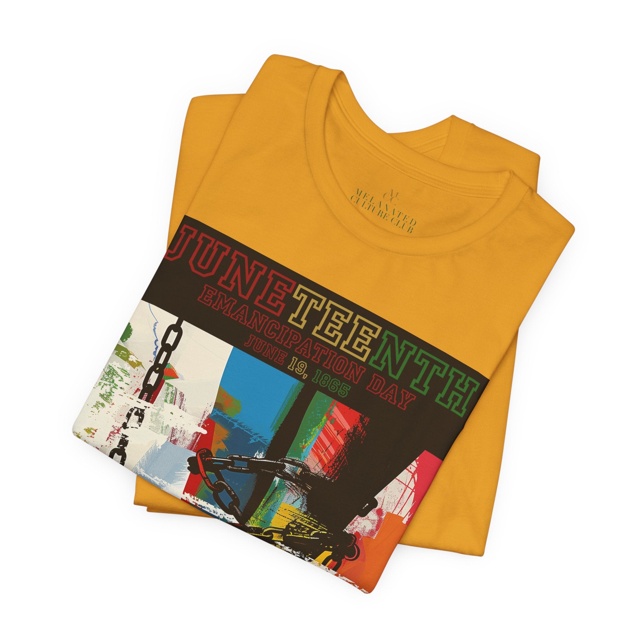 Juneteenth Emancipation Day tee shirt featuring chains wrapped around bare feet symbolizing liberation from slavery, freedom, resilience, and African American history.