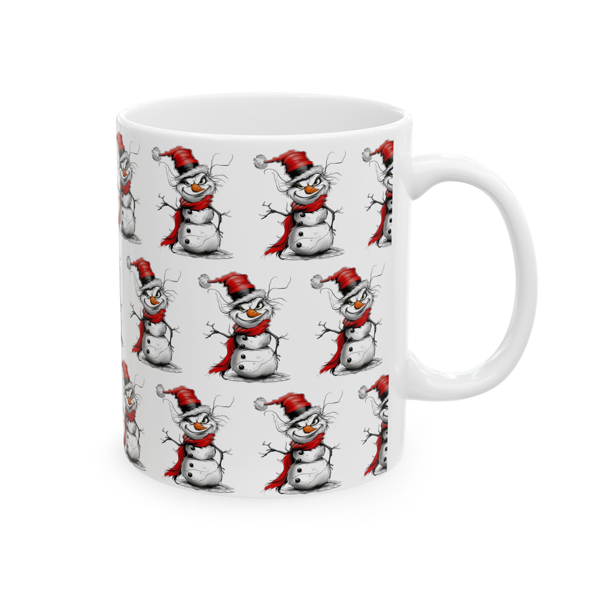 Grinch Snowman Coffee Mug featuring a naughty-looking snowman with a Grinch-inspired face – unique Christmas holiday beverage mug perfect for festive kitchens and seasonal drinks.