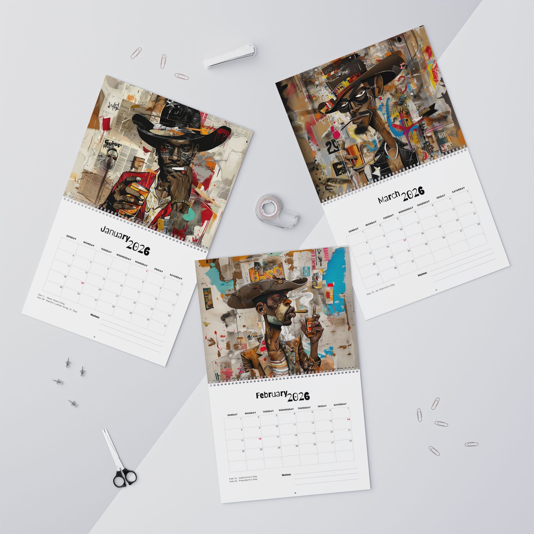 2026 Black Cowboys Wall Calendar featuring Afrocentric cartoon and graffiti-style artwork. Bold calendar celebrating African American cowboys, Western heritage, and Black culture—perfect for home or office décor. 