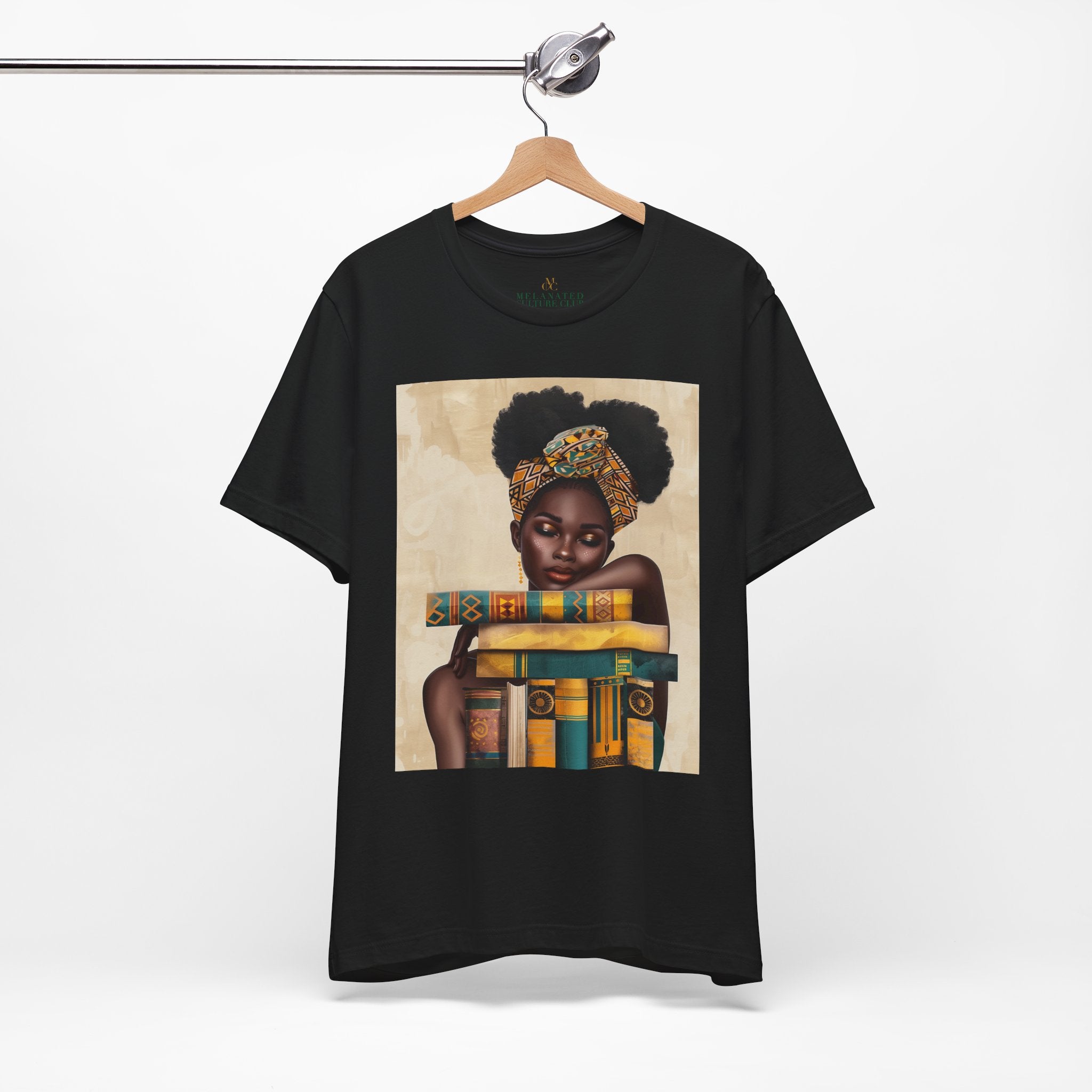 Afrocentric illustration of a young Black woman with a serene expression hugging a stack of books, symbolizing education, knowledge, legacy, and generational success.