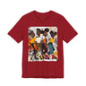 Abstract graffiti-style cartoon illustration of Black roller skaters dancing and skating at a roller rink, featuring vibrant colors, urban street art influences, and Afrocentric cultural themes on a unisex graphic tee shirt.