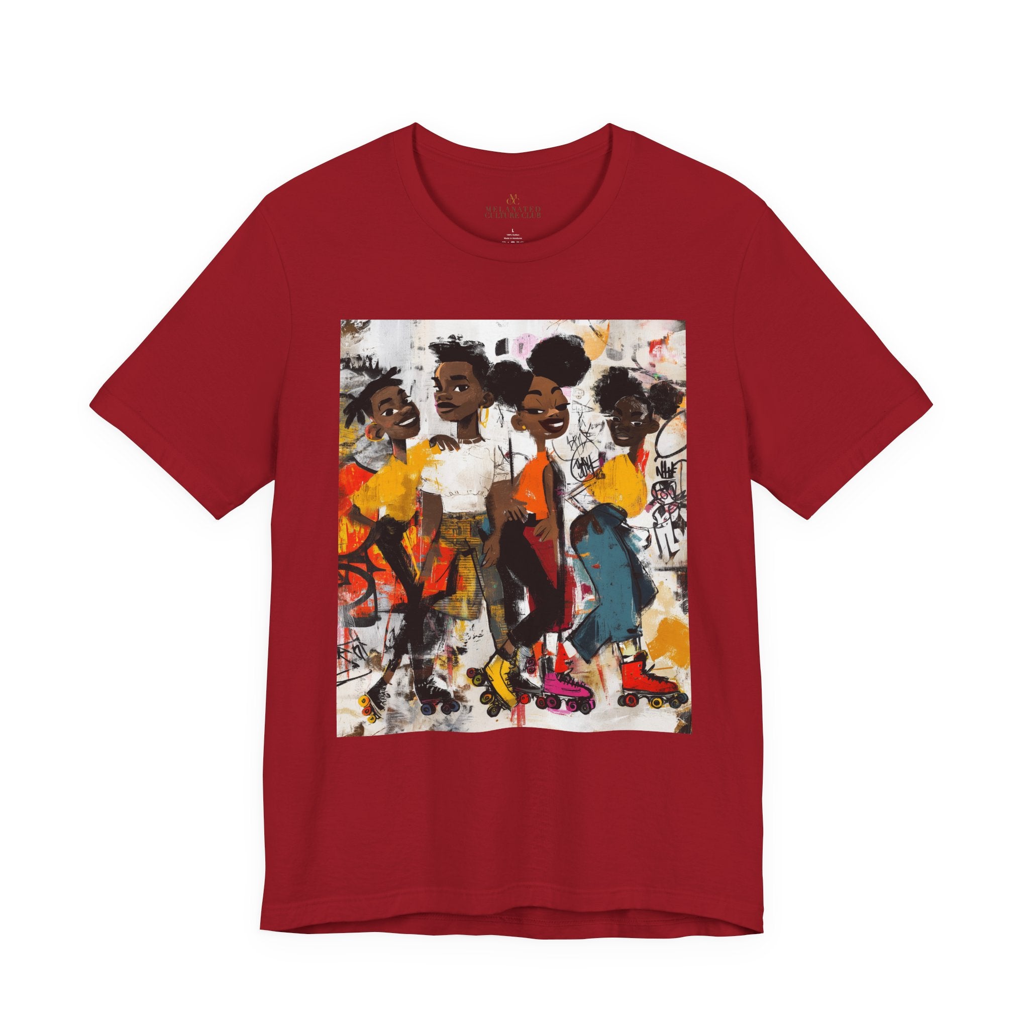 Abstract graffiti-style cartoon illustration of Black roller skaters dancing and skating at a roller rink, featuring vibrant colors, urban street art influences, and Afrocentric cultural themes on a unisex graphic tee shirt.