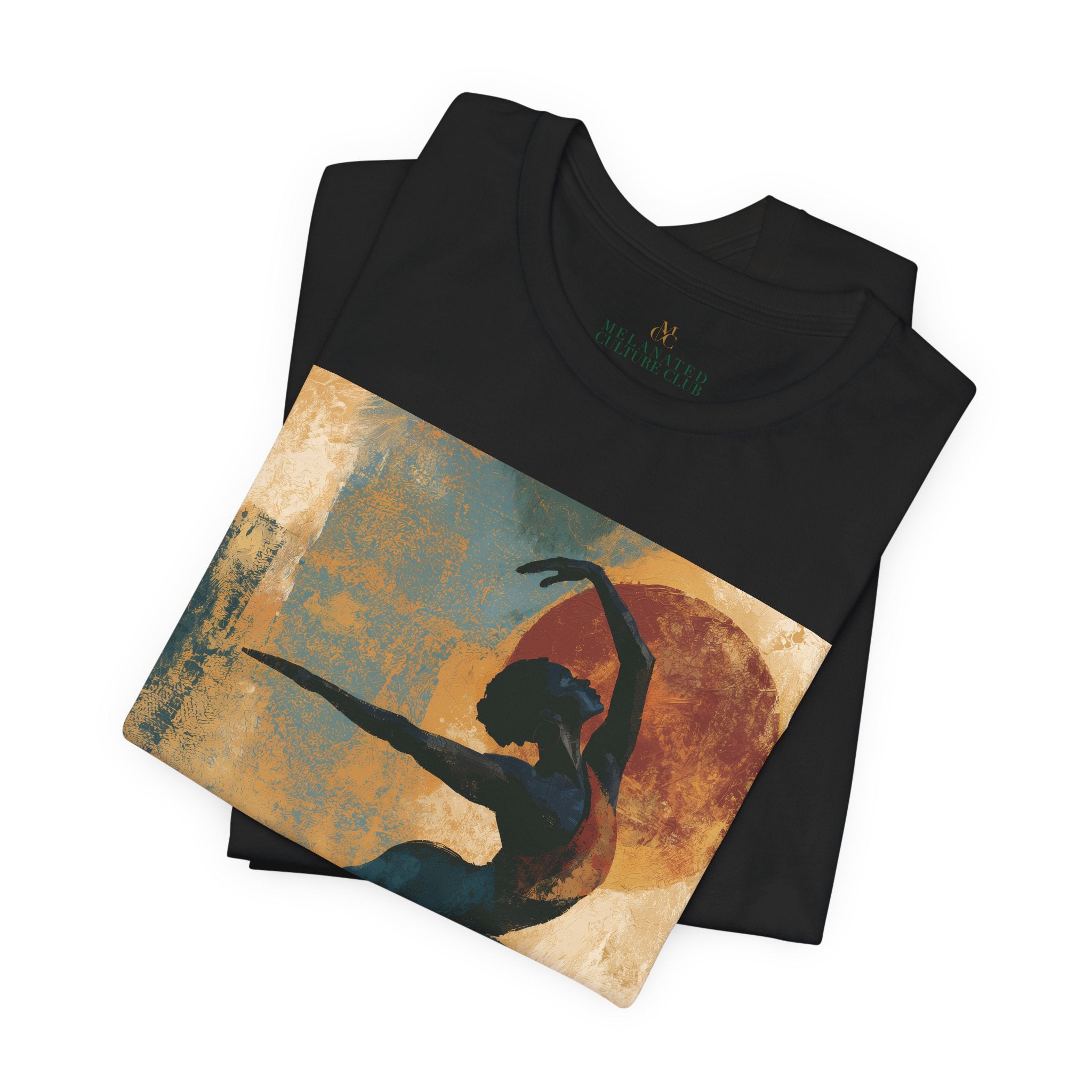 Close up view of the a folded black colored short-sleeve crewneck t-shirt.