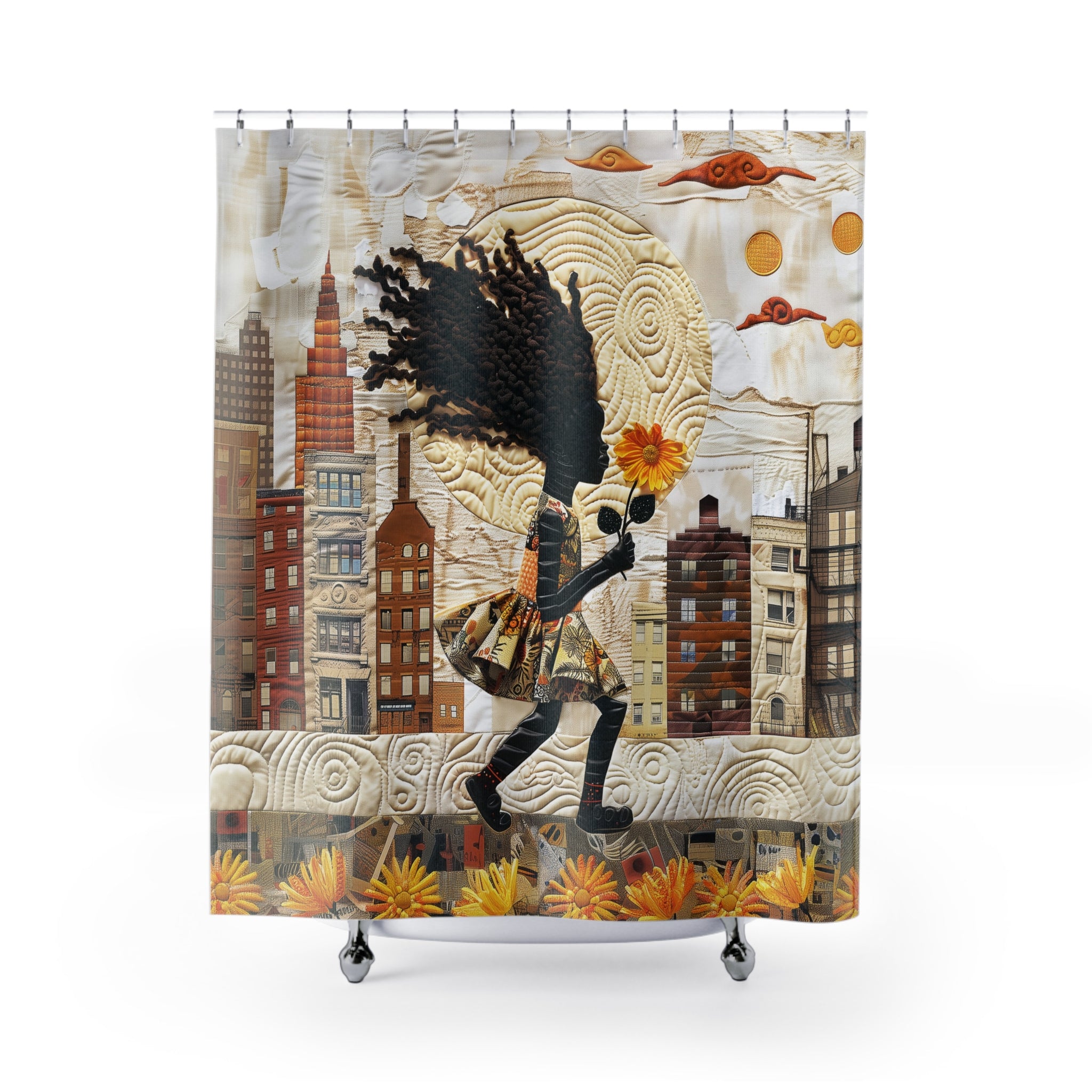 Full view of a shower curtain hanging over a white bathtub, featuring a stylized illustration of a little Black girl with voluminous dark hair holding yellow sunflowers, set against a background of Harlem brownstones.