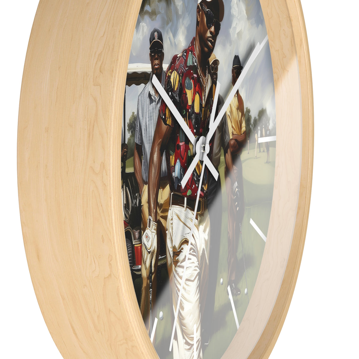 Round wall clock with a light natural wood frame and a printed art design on the face showing three men standing outdoors, photographed against a plain white background.