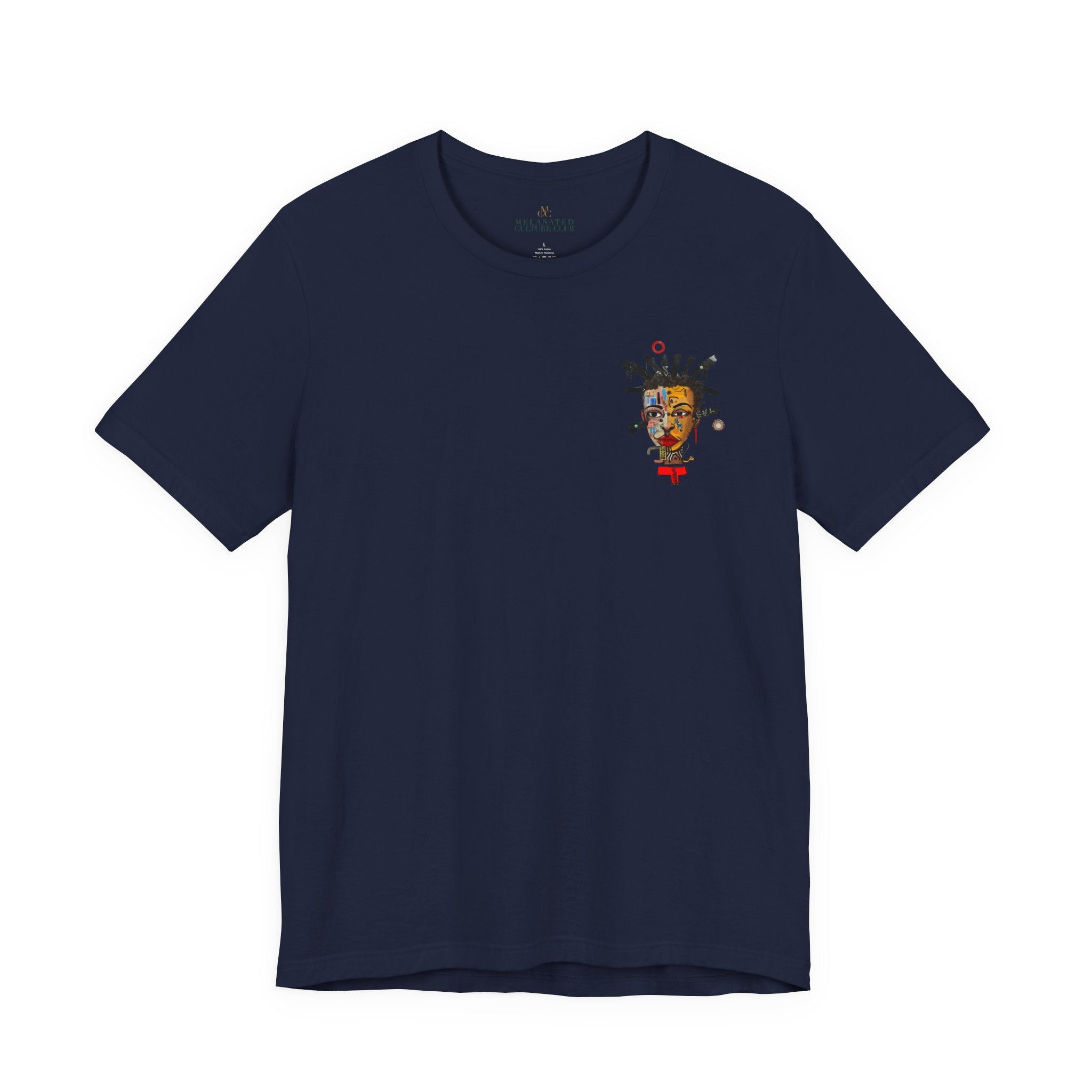 Abstract Afrocentric t-shirt featuring a split-face portrait of a Black man, half human and half robot, with expressive facial features and futuristic mechanical details in an Afrofuturism art style.  Robot man art on both front and back of t-shirt. Series 02