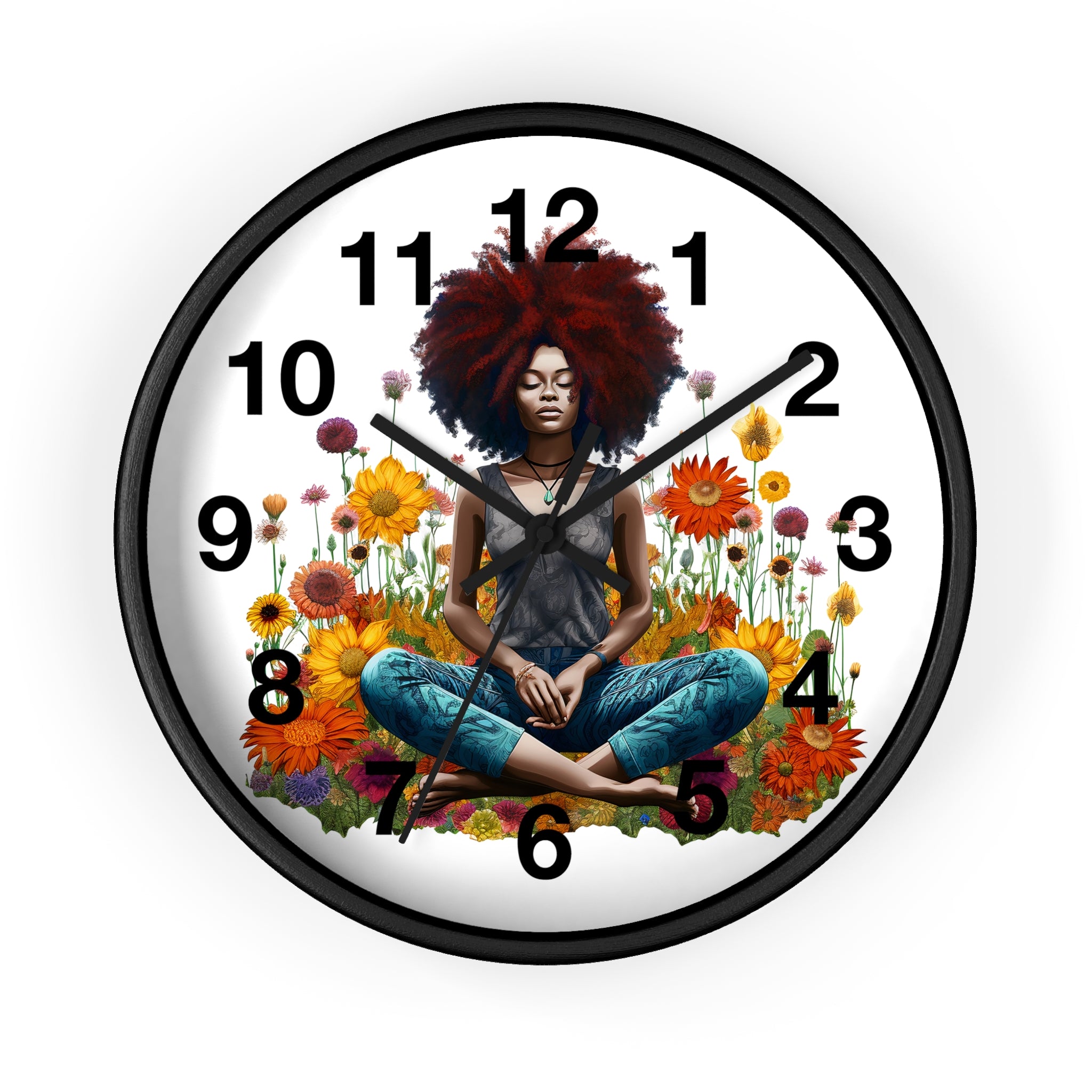 Black Female Yoga Round Wall Clock featuring an Afrocentric woman in meditation pose. Modern Yogi art clock for yoga studio, spa, or peaceful home decor.