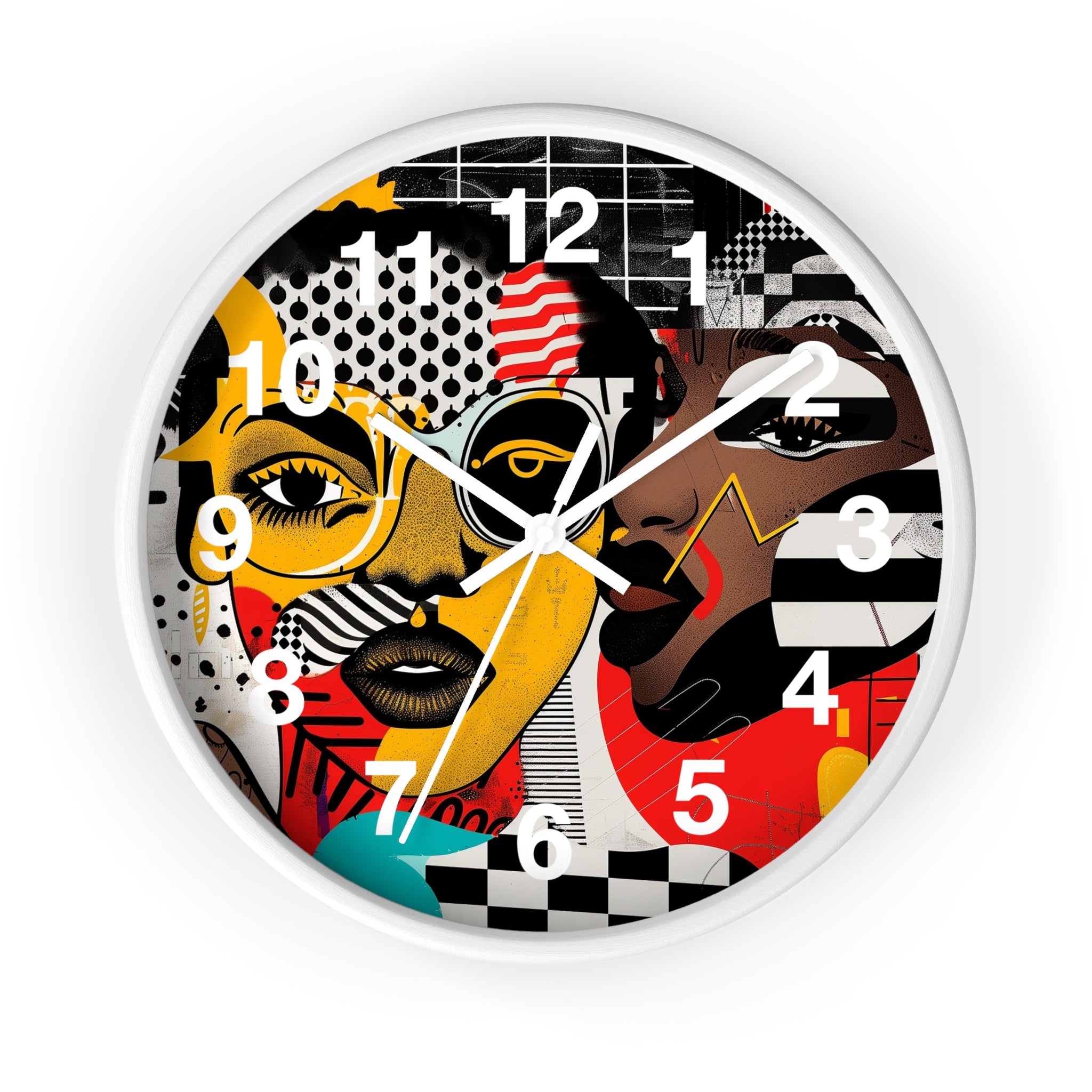Black Women Pop Art Round Wall Clock featuring an abstract Soul Sister design in bold, colorful pop art style. Afrocentric wall decor with vibrant modern art aesthetic.