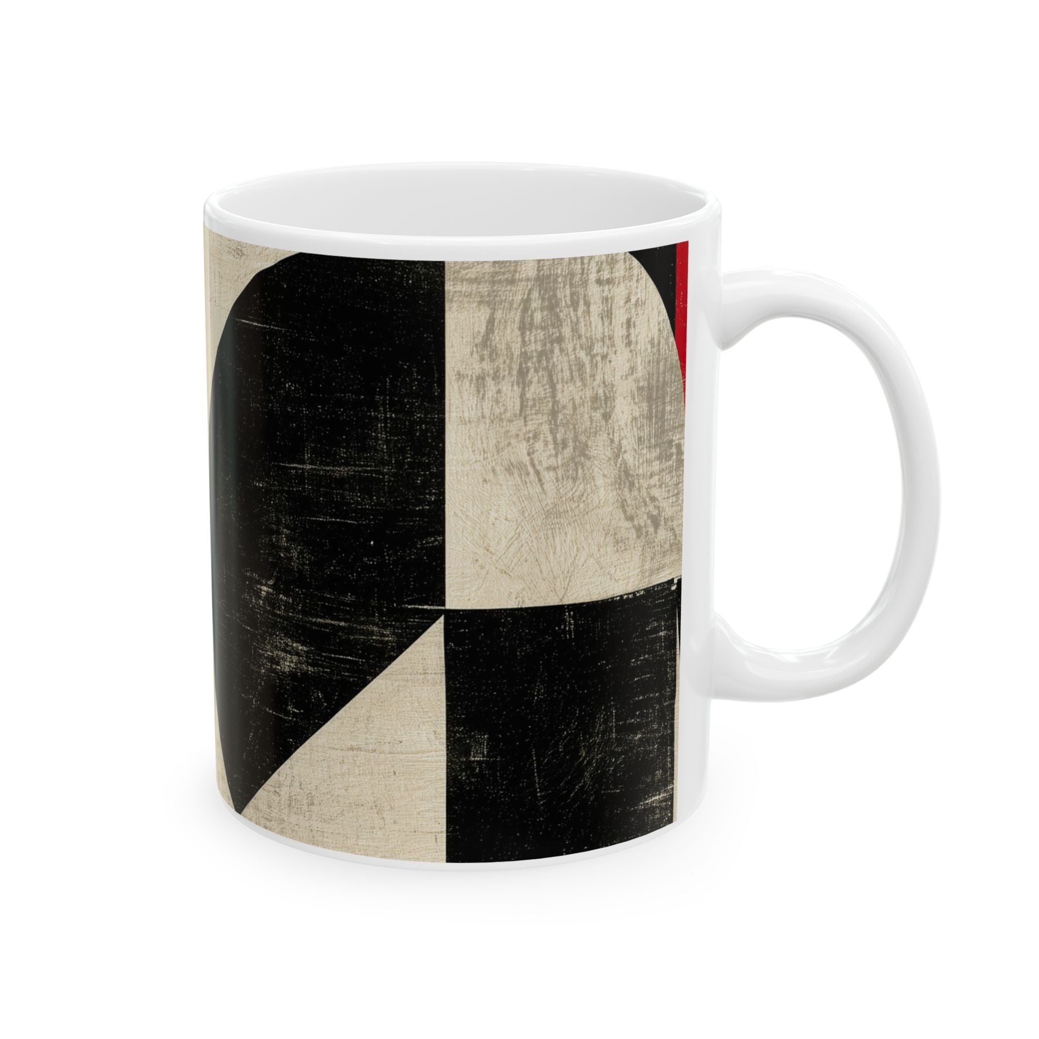 Right handle view of an 11 oz  Afrocentric geometric coffee mug featuring black, creme and red abstract shapes, arches, stripes and checkerboard patterns, displayed against a white background.