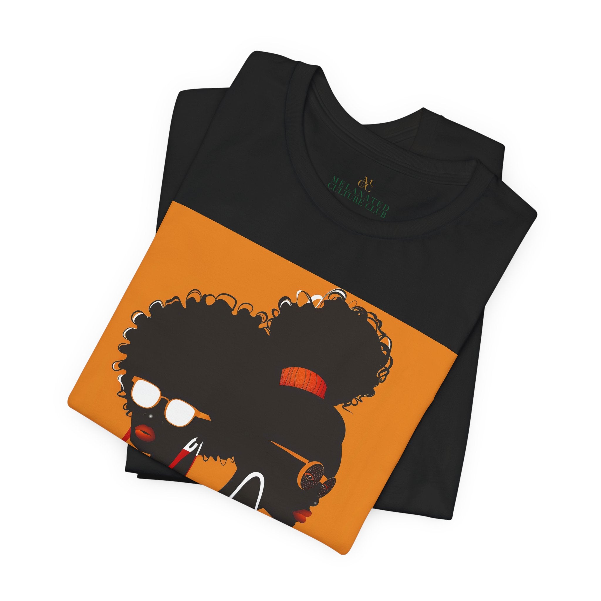 Two Black Women silhouette wearing fashionable eyewear on an orange background, featured on an Afrocentric unisex tee shirt