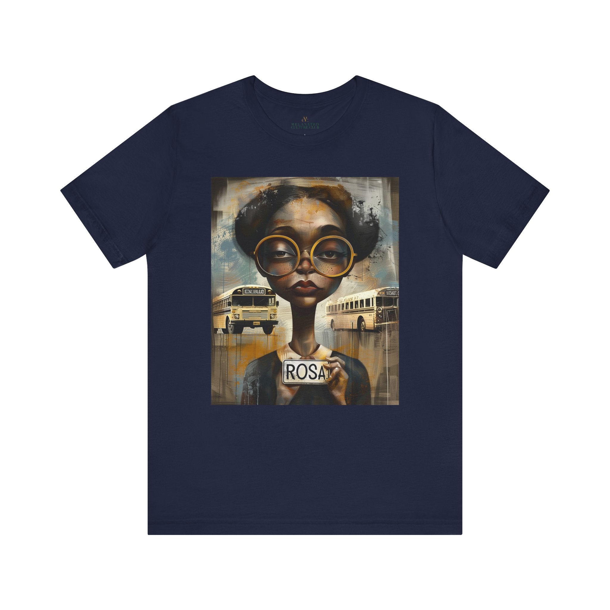 Rosa Parks Mugshot T-Shirt featuring her 1955 booking photo in a bold graphic design. Afrocentric streetwear style honoring civil rights history and Black heritage.