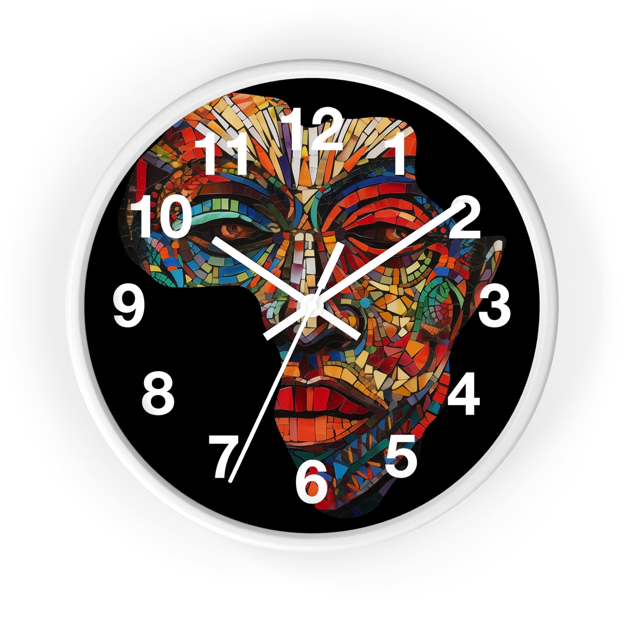 African Mosaic Mask Round Wall Clock featuring a mosaic-style African mask in the shape of the continent of Africa. Abstract Afrocentric wall decor with bold geometric patterns and vibrant colors.