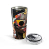 20 oz Boss Babe Lakendra tumbler with graffiti style illustration of a confident woman, featuring a clear push-on lid and rubber gasket, suitable for hot and cold drinks.