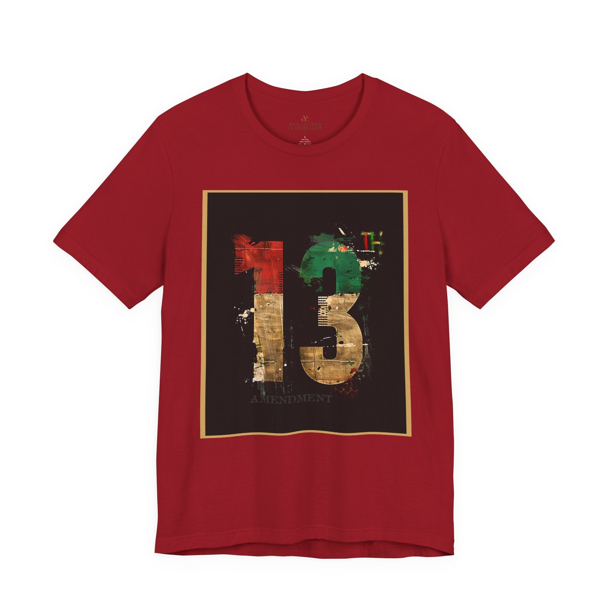 African American Black History graphic t-shirt honoring the 13th Amendment and abolition of slavery in 1865, featuring a bold freedom-inspired Afrocentric design celebrating Black culture, heritage, and Juneteenth pride.