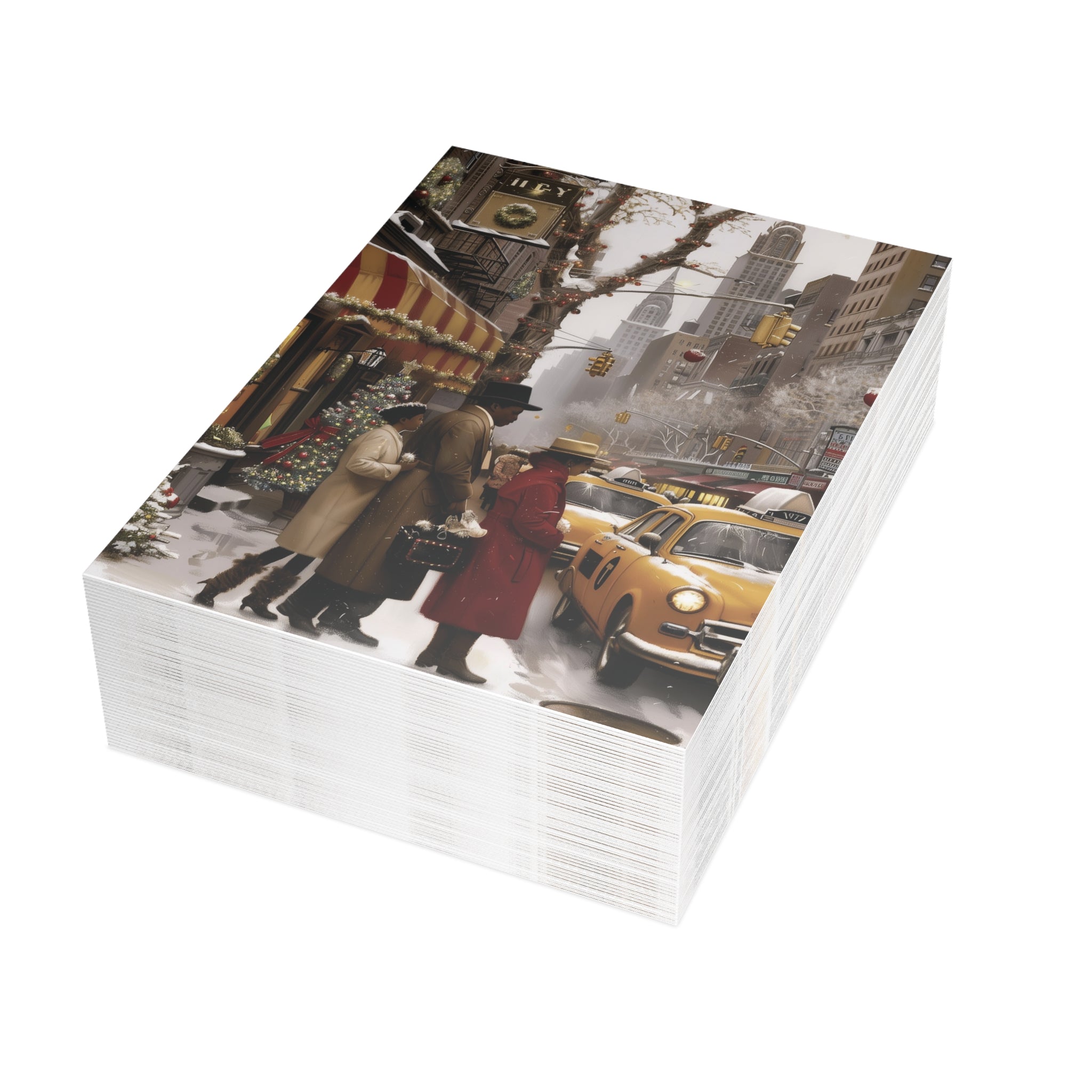 African American Christmas Shoppers Holiday Card featuring stylish Black families shopping in New York City during the holiday season, available as a single card or multipack with white envelopes.