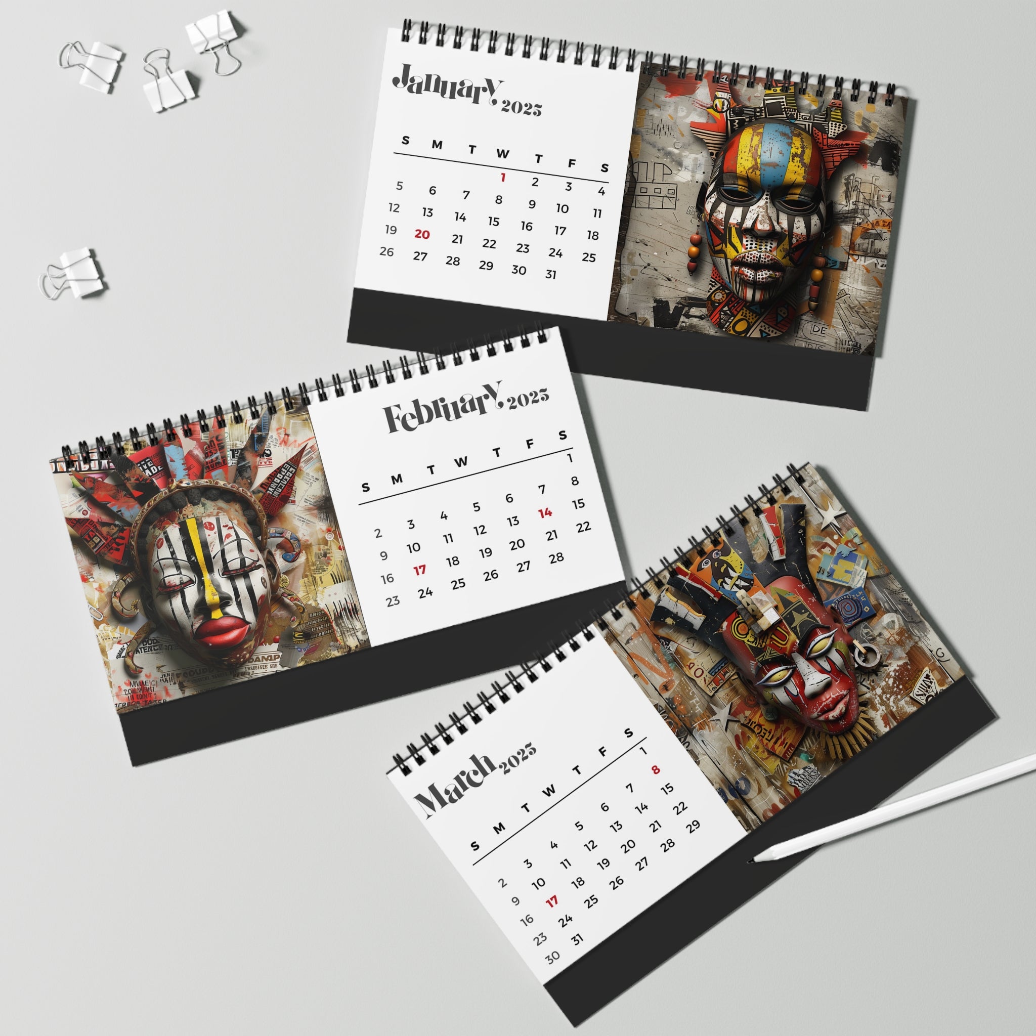 African Masks 2025 Desk Calendar 3D Style