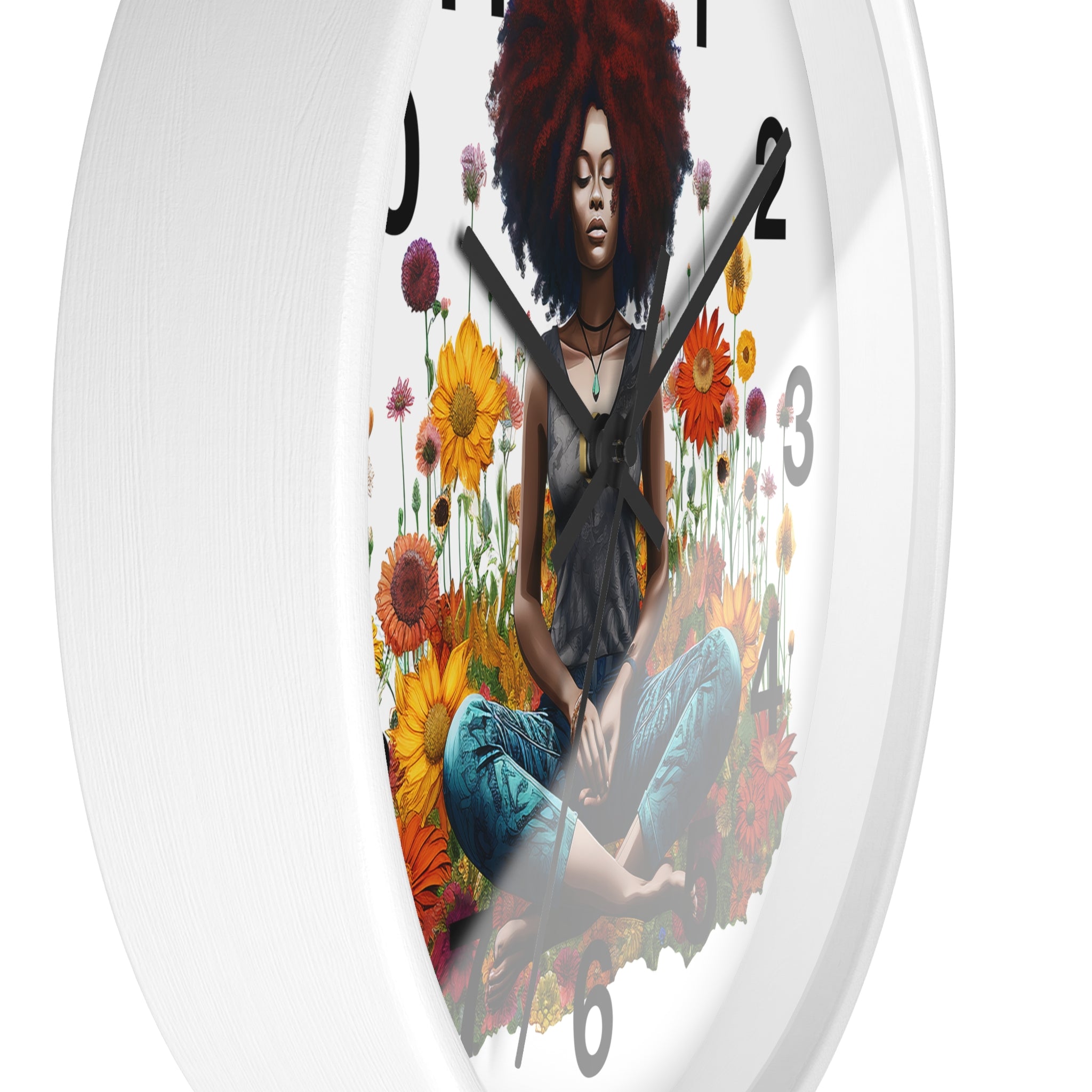 Black Female Yoga Round Wall Clock featuring an Afrocentric woman in meditation pose. Modern Yogi art clock for yoga studio, spa, or peaceful home decor.