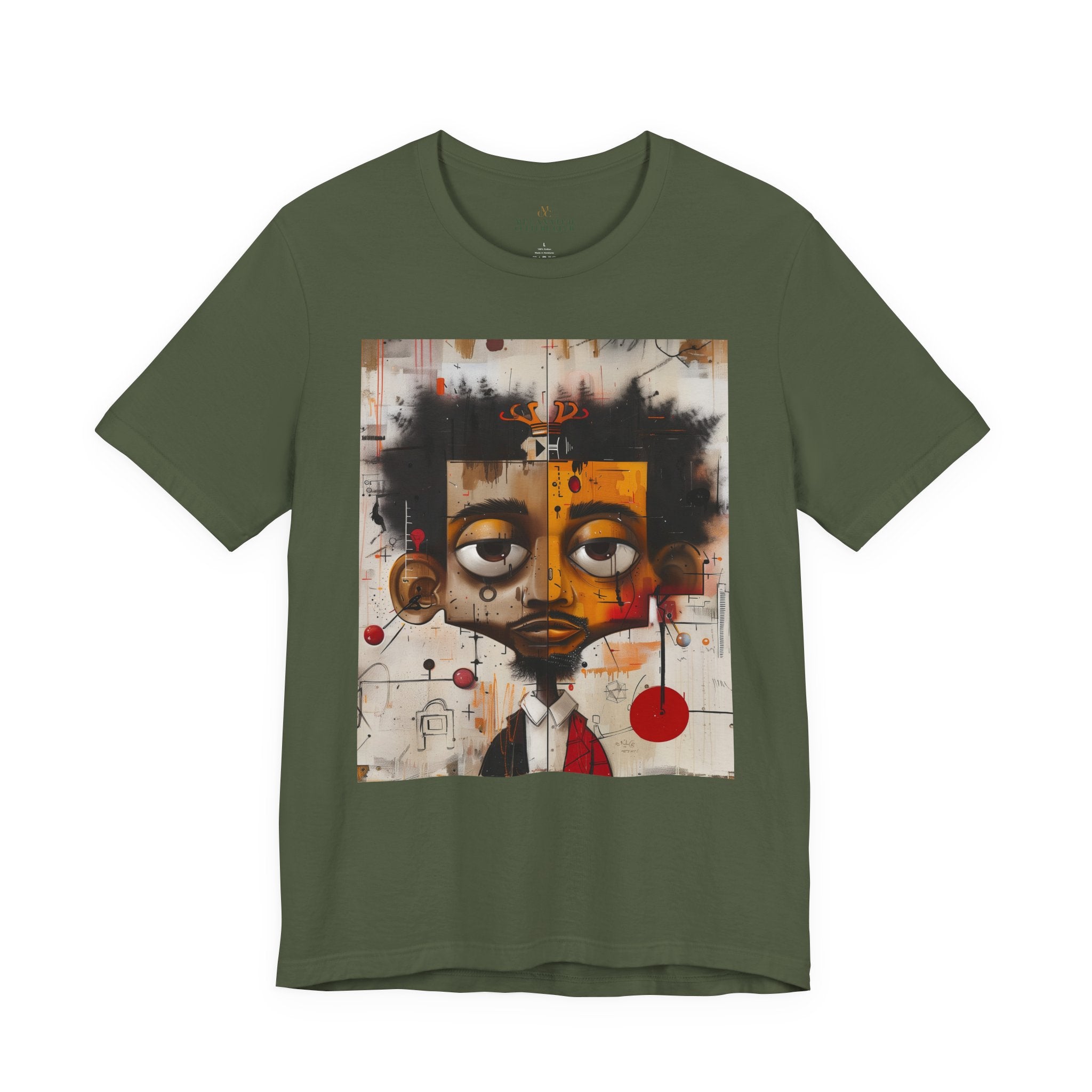 Abstract Afrocentric t-shirt featuring a split-face portrait of a Black man, half human and half robot, with expressive facial features and futuristic mechanical details in an Afrofuturism art style. Series 05