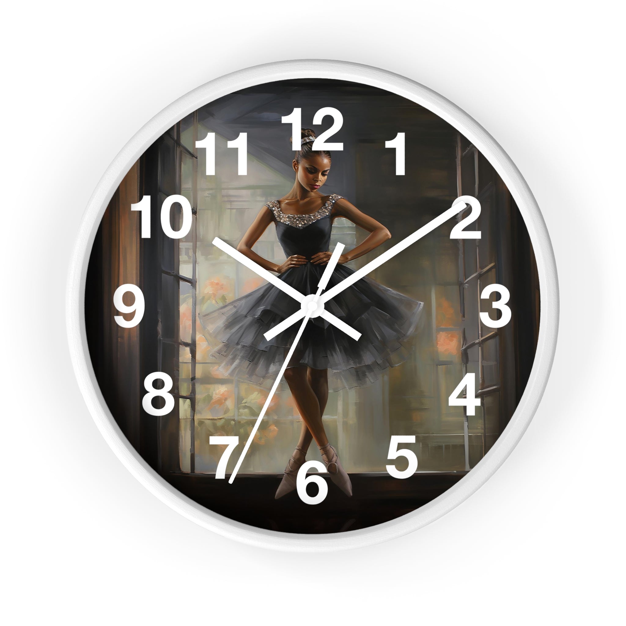 Black Girl Ballerina Round Wall Clock featuring an African American ballerina in a graceful pose, with detailed tutu folds and ballet slippers.
