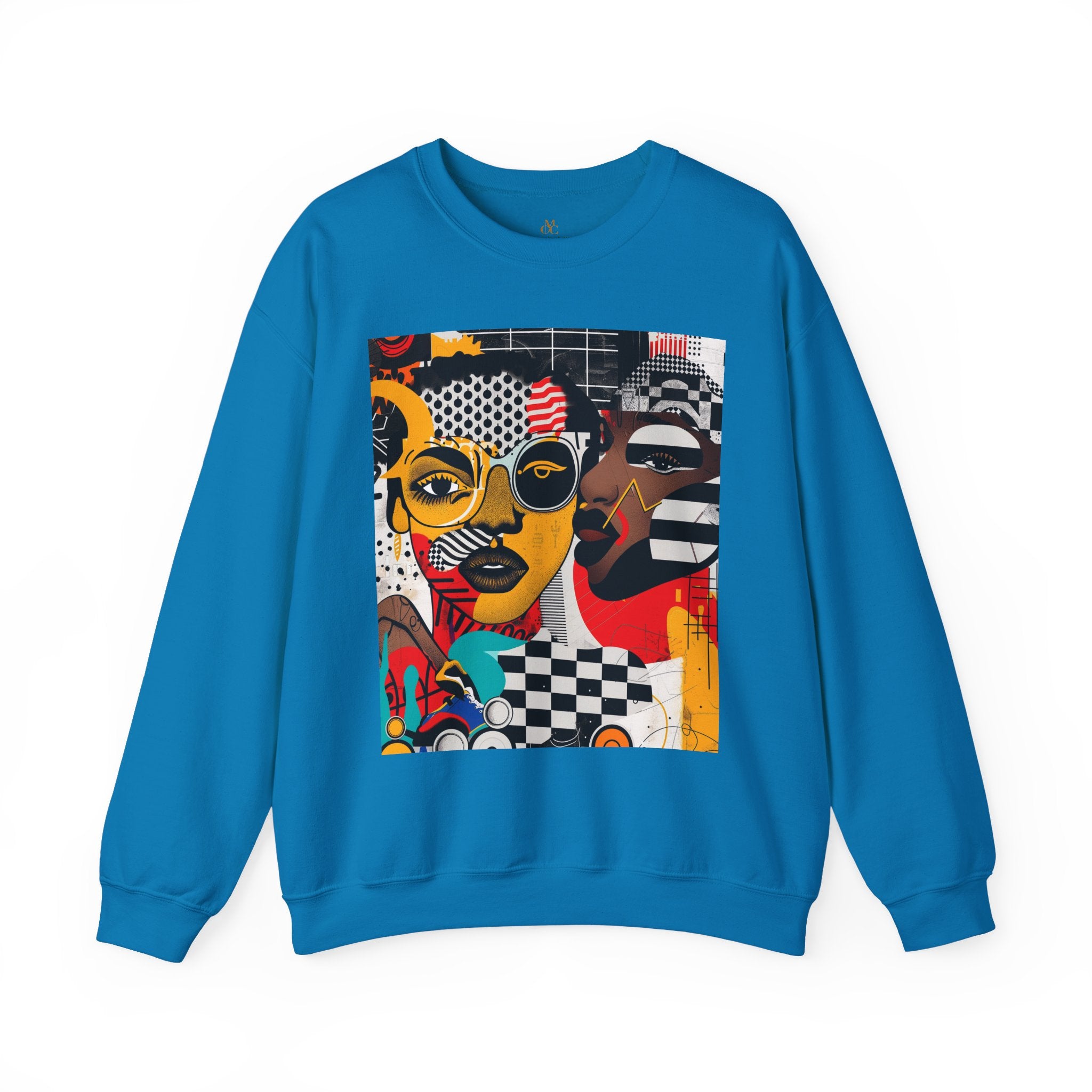 Black Women Collage Art Sweatshirt featuring a vibrant multidimensional “Soul Sister” pop art design in bold colors, Afrocentric graphic crewneck celebrating cultural pride and heritage.