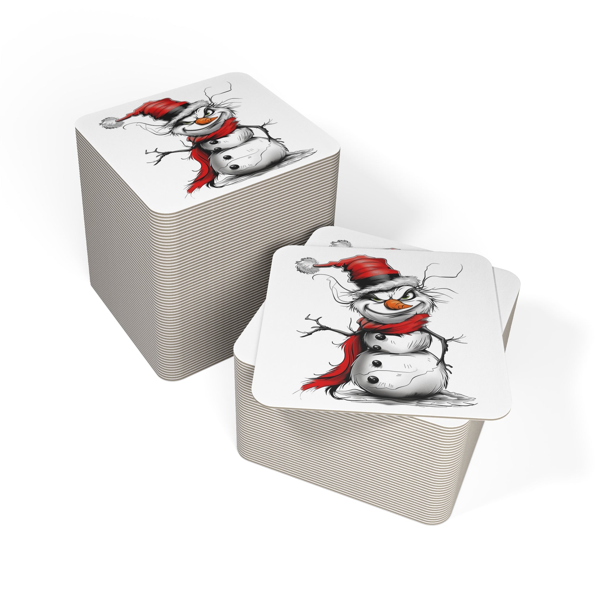 Holiday Grinch Snowman Coasters featuring a mischievous snowman design with a Grinch-like grin, perfect for Christmas holiday barware, festive table decor, and party essentials.