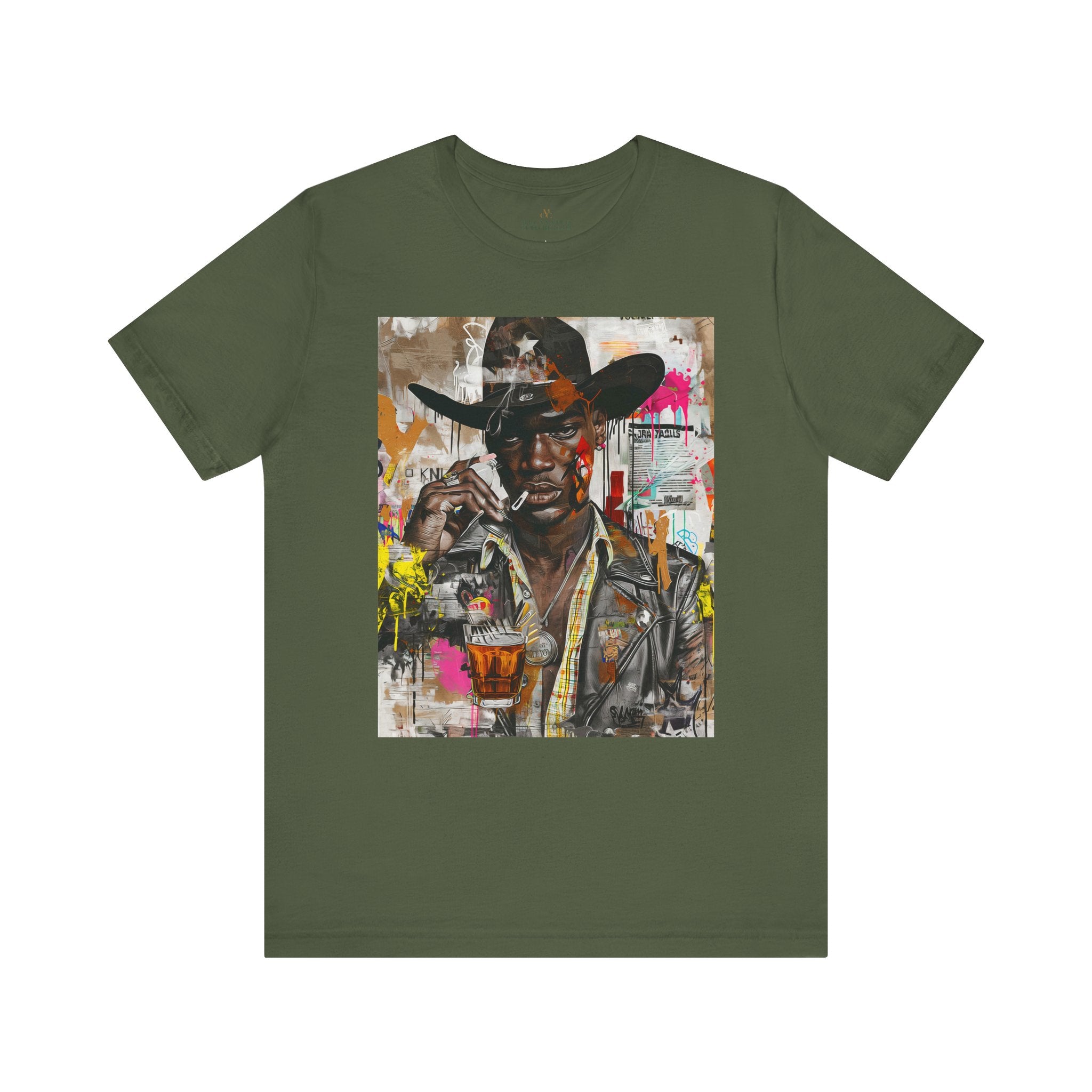 Black Cowboy Tee Cartoon Style Graffiti Collage Edgy - Style 03 - in military green.