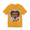 Abstract Afrocentric t-shirt featuring a split-face portrait of a Black man, half human and half robot, with expressive facial features and futuristic mechanical details in an Afrofuturism art style. Series 05