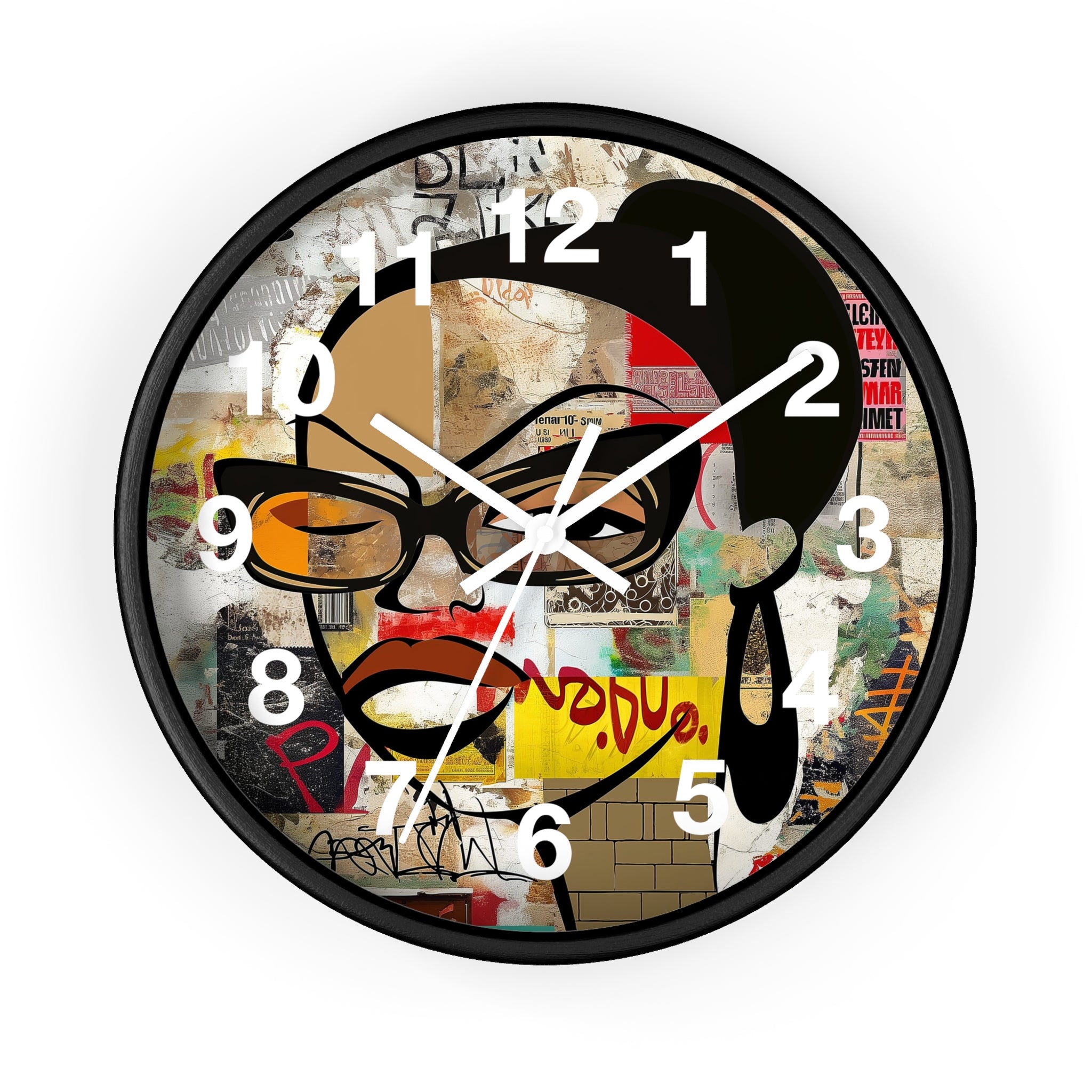 Boss Babe Black Girl Wall Clock featuring Afrocentric cartoon character Markeisha in vibrant graffiti art style. Black woman empowerment decor for modern home or office.
