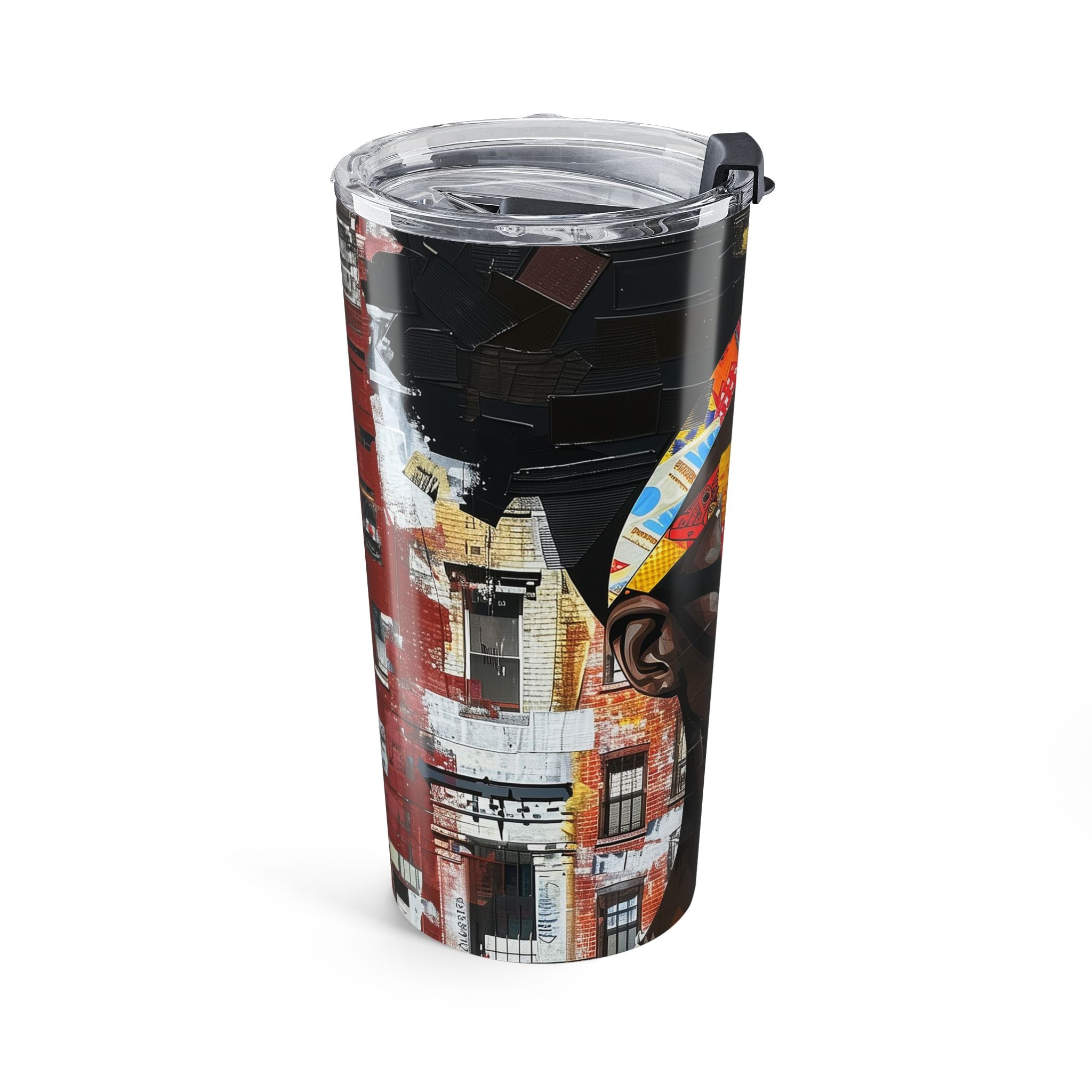 20 oz Boss Babe Lakendra tumbler with graffiti style illustration of a confident woman, featuring a clear push-on lid and rubber gasket, suitable for hot and cold drinks.