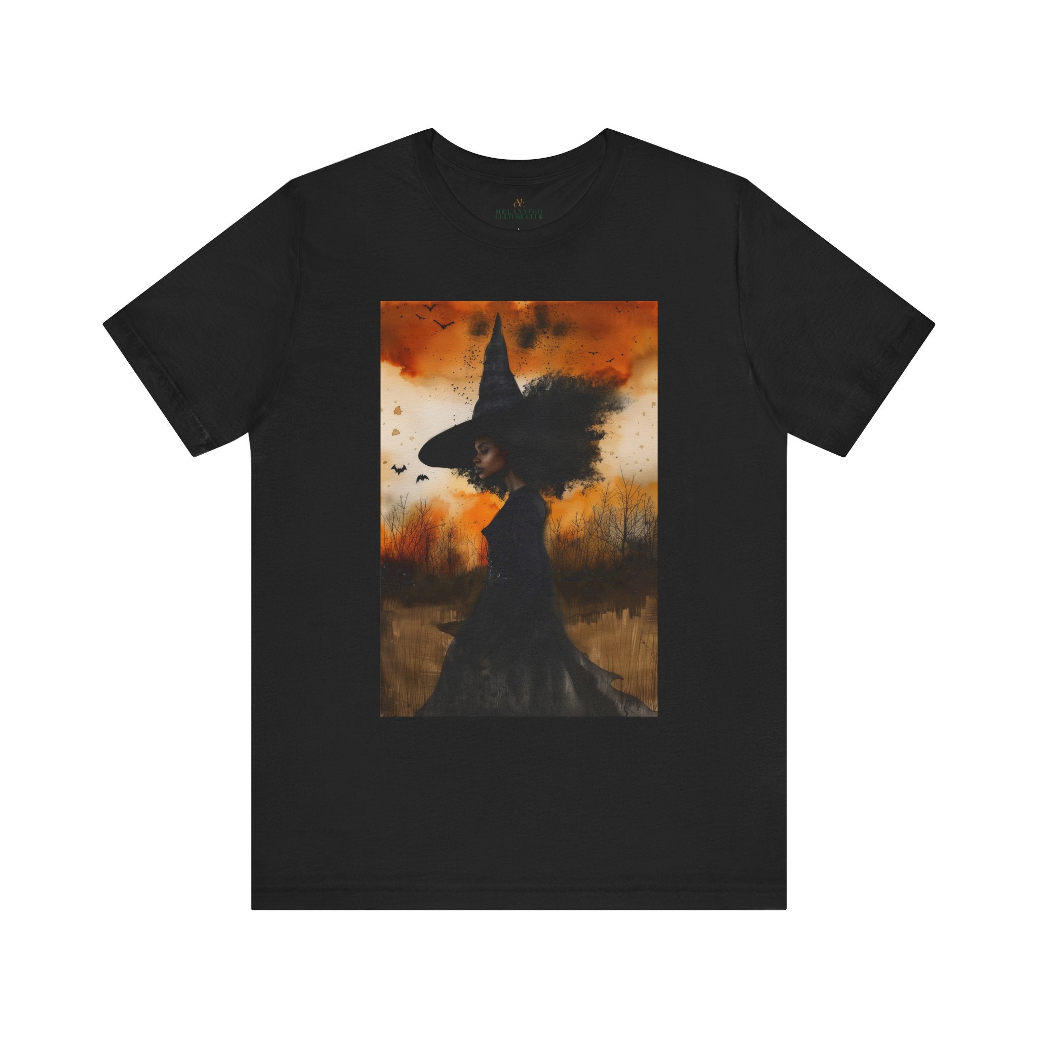 Afrocentric Black Witch T-Shirt featuring a watercolor illustration of an African American witch with black bats flying across a dark moody background. Unisex Halloween graphic tee with Afrocentric gothic design.
