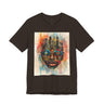 Afrocentric graphic t-shirt featuring an abstract African mask blended with the New York City skyline in a colorful watercolor style design celebrating Black culture and NYC pride.