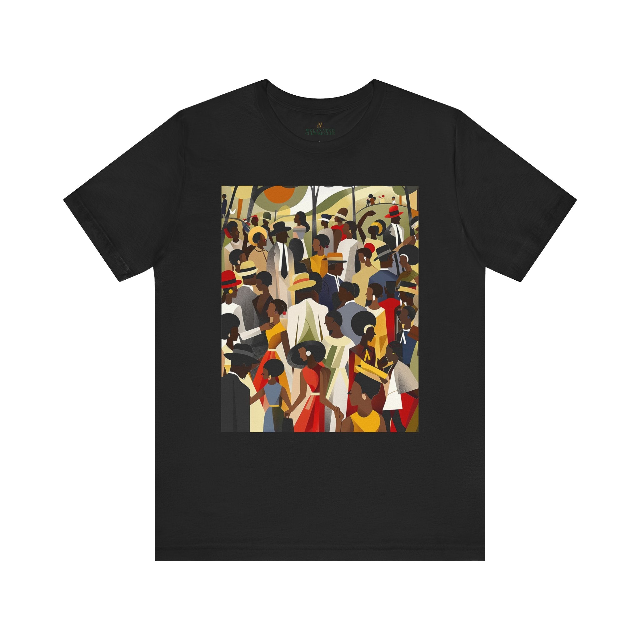 Juneteenth Celebration Tee Shirt featuring an Afrocentric design of Black people enjoying an outdoor picnic and family reunion. Adult unisex top honoring African American heritage, freedom, and cultural pride.