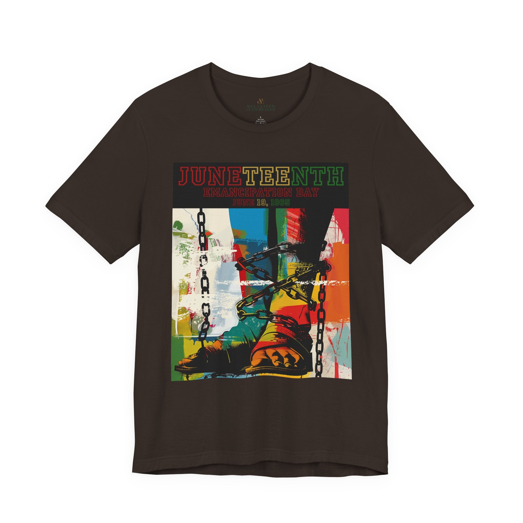 Juneteenth Emancipation Day tee shirt featuring chains wrapped around bare feet symbolizing liberation from slavery, freedom, resilience, and African American history.