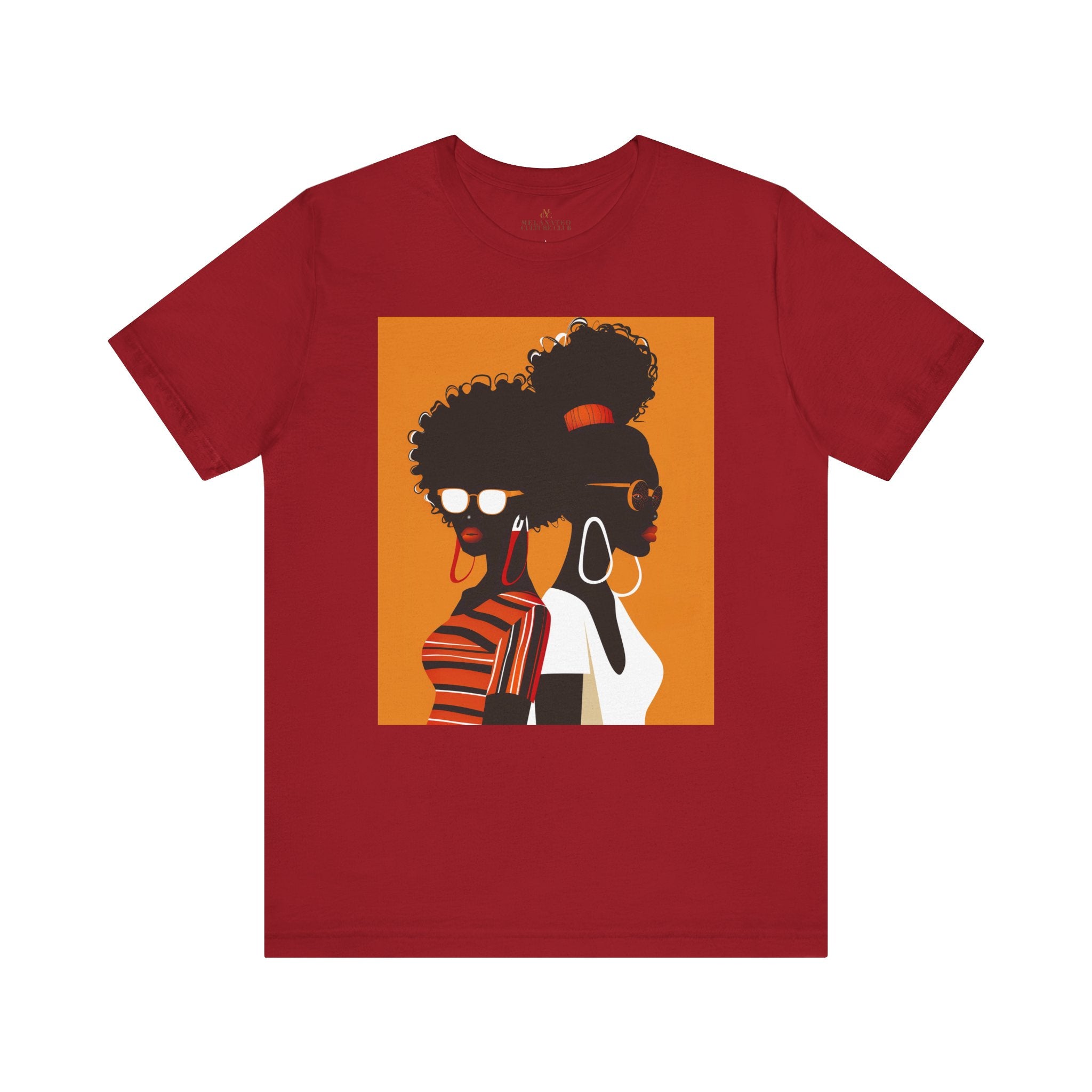 Two Black Women silhouette wearing fashionable eyewear on an orange background, featured on an Afrocentric unisex tee shirt