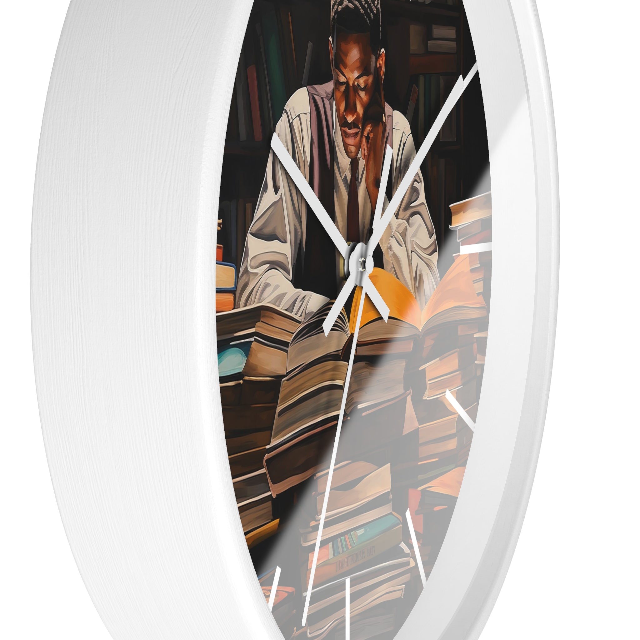 Black Man Law Student Round Wall Clock featuring an African American male scholar studying in a library setting. Afrocentric wall art symbolizing education, focus, and academic excellence.