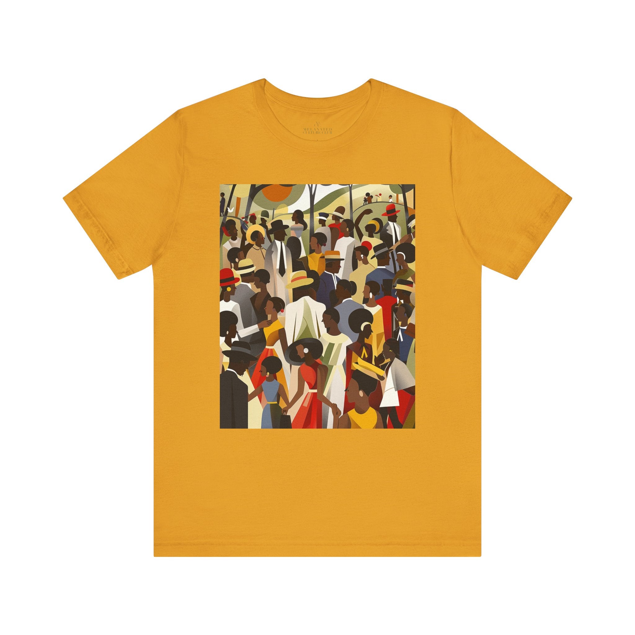 Juneteenth Celebration Tee Shirt featuring an Afrocentric design of Black people enjoying an outdoor picnic and family reunion. Adult unisex top honoring African American heritage, freedom, and cultural pride.