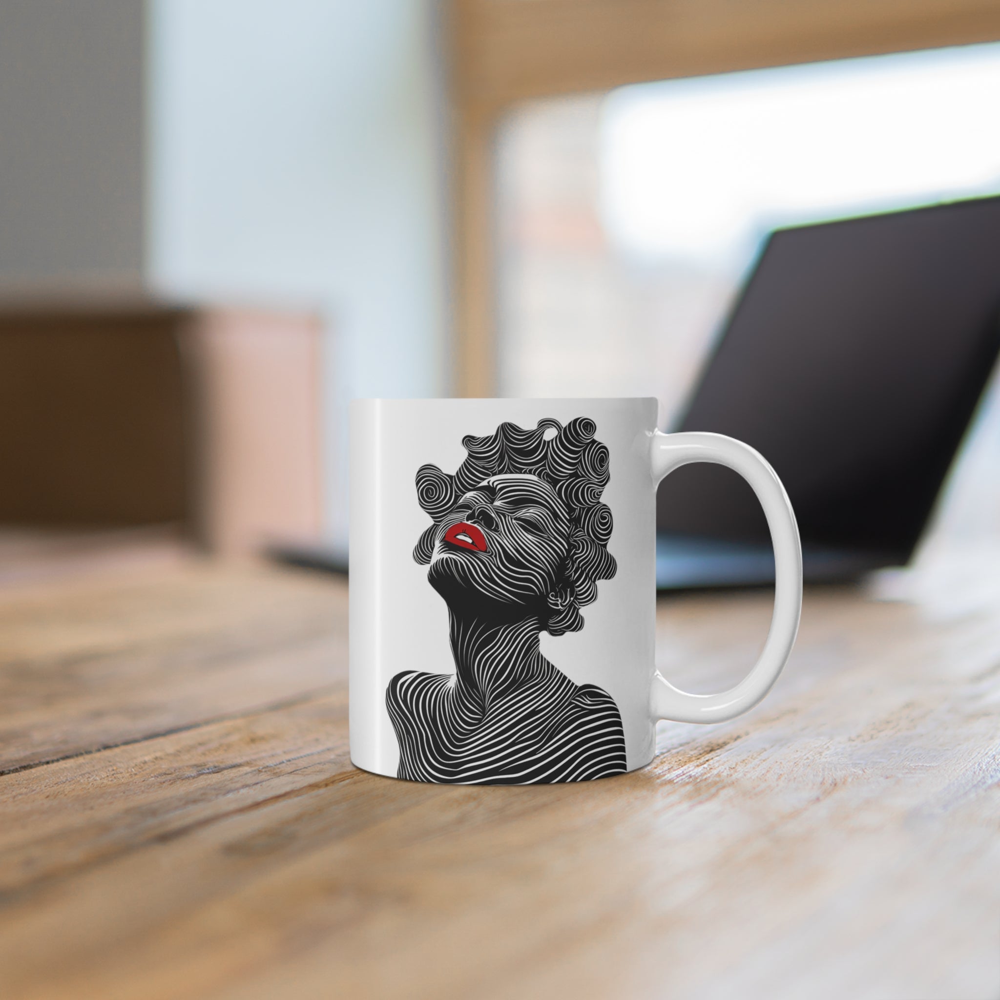 Context view of right side of Bantu Knots coffee mug.