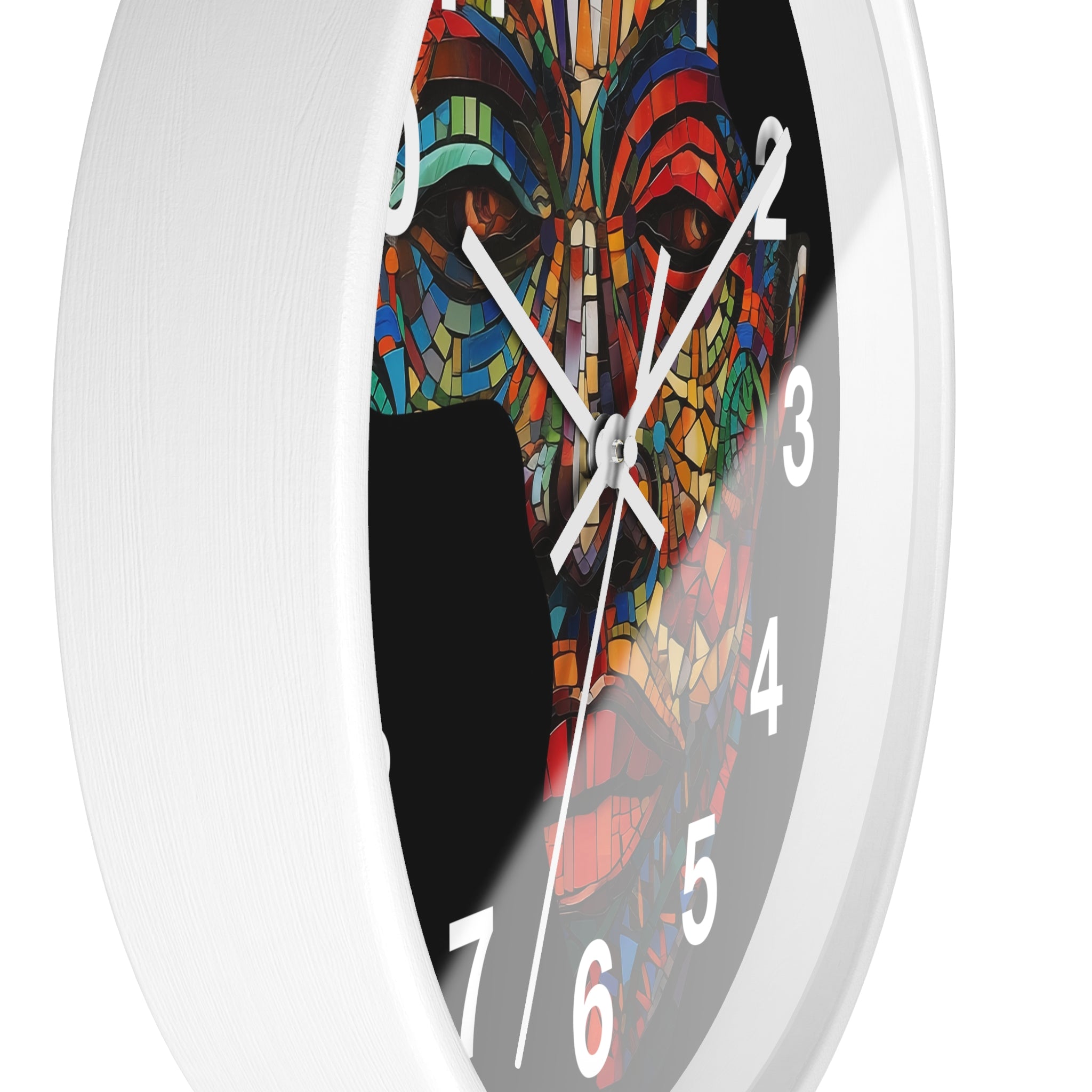 African Mosaic Mask Round Wall Clock featuring a mosaic-style African mask in the shape of the continent of Africa. Abstract Afrocentric wall decor with bold geometric patterns and vibrant colors.