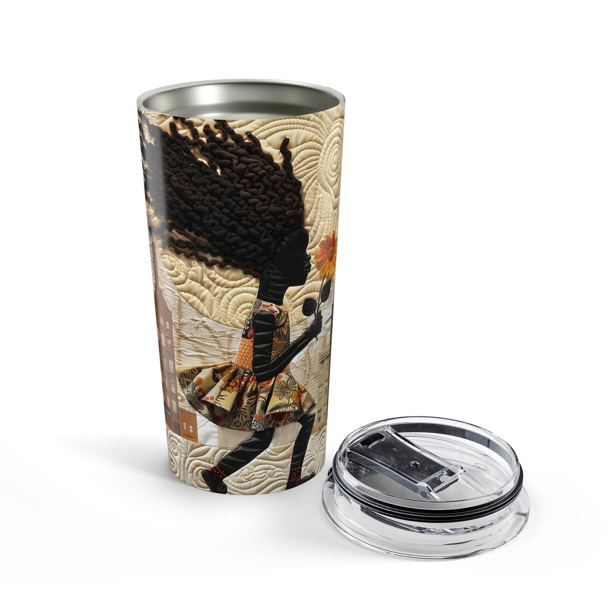 20 oz stainless steel travel tumbler featuring a young Black girl carrying a yellow sunflower while walking through Harlem. Her long braids blow in the wind with historic Harlem brownstones and New York City architecture in the background, illustrated in a colorful Afrocentric faux quilt collage style.  White background with separate lid.