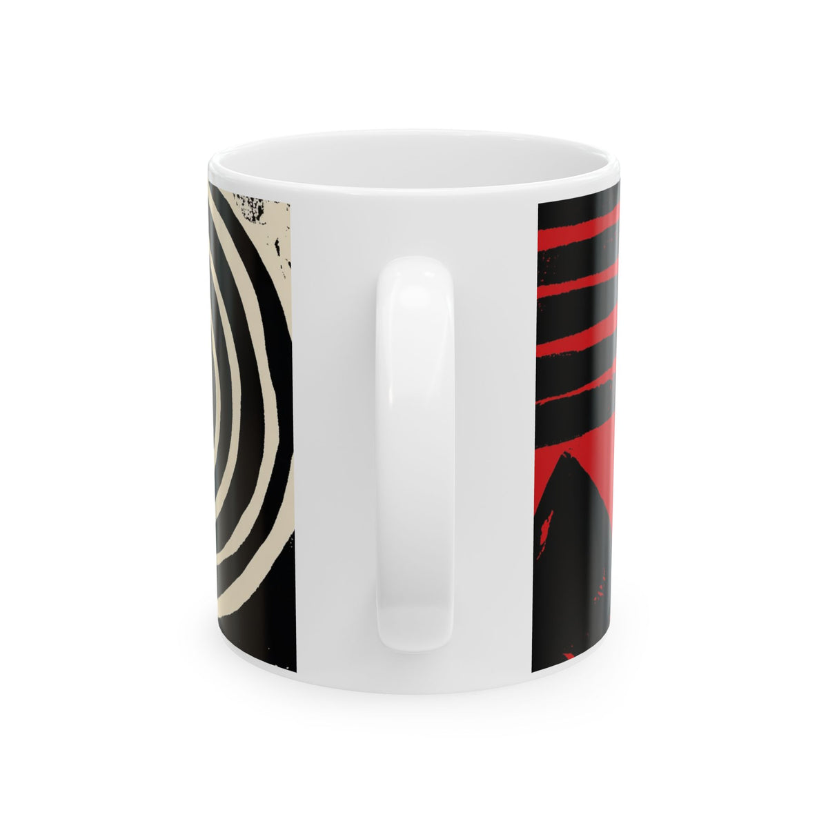 Back view of 11 oz. red, black and cream abstract art coffee mug featuring bold geometric circles, stripes, organic shapes and a Bauhaus-inspired modern design, displayed against a white background.