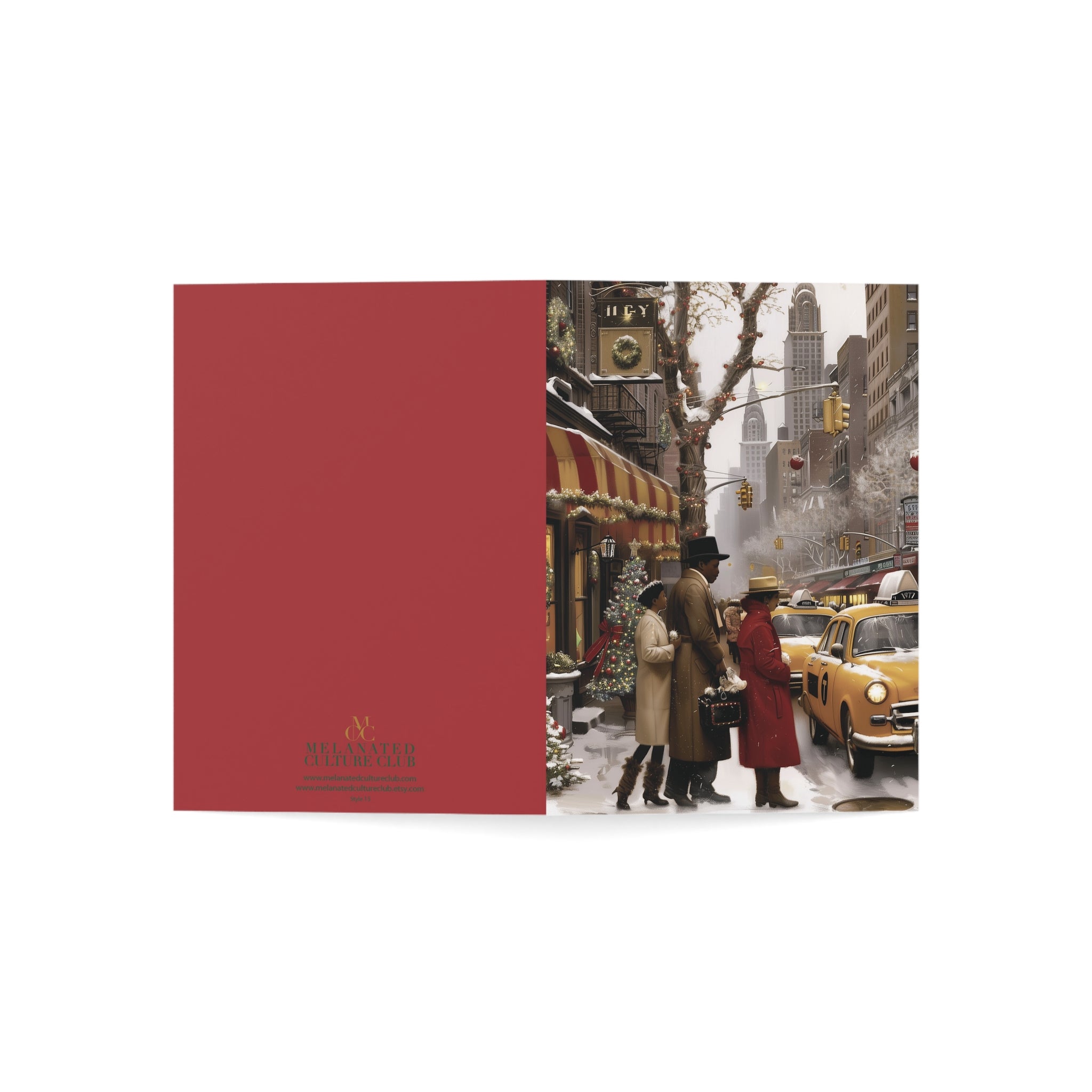 African American Christmas Shoppers Holiday Card featuring stylish Black families shopping in New York City during the holiday season, available as a single card or multipack with white envelopes.