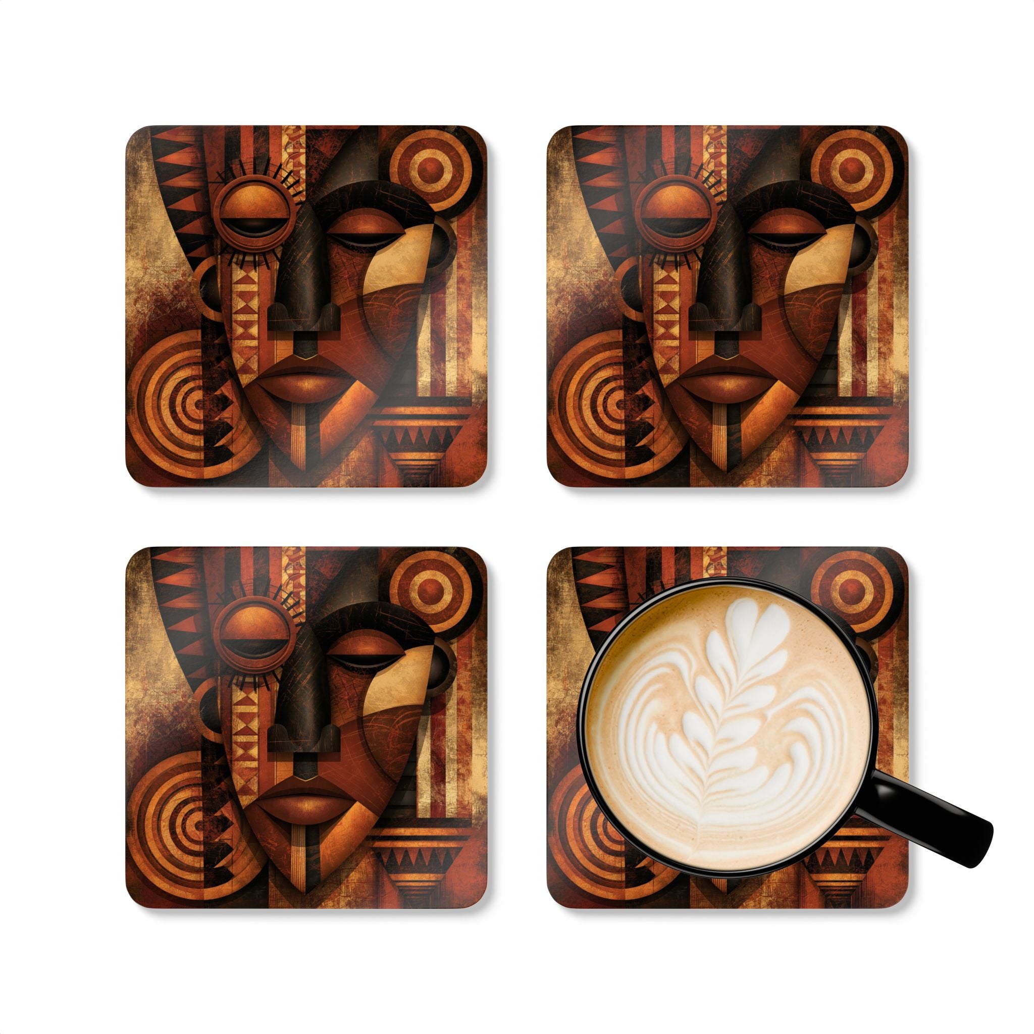 Set of four African Mask beverage coasters featuring vibrant Afrocentric artwork with cork backing, perfect for protecting tables while adding African American cultural style to living rooms, coffee tables, kitchens, and home bars.
